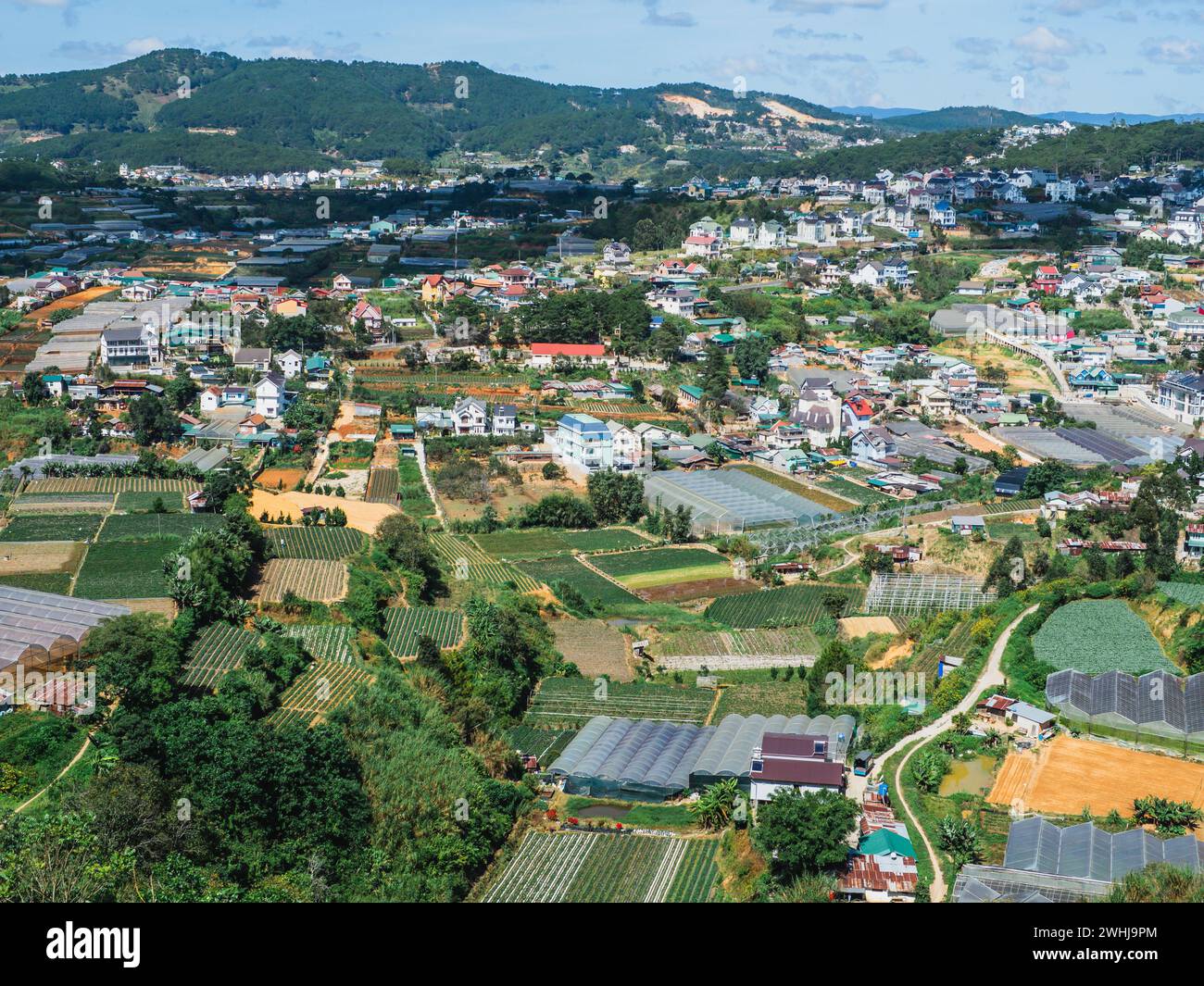 Vista dall'alto dal drone della città DI DALAT in Vietnam. Vista su una città con case multicolore e negozi. Terreni agricoli fuori Dalat nel CEN Foto Stock