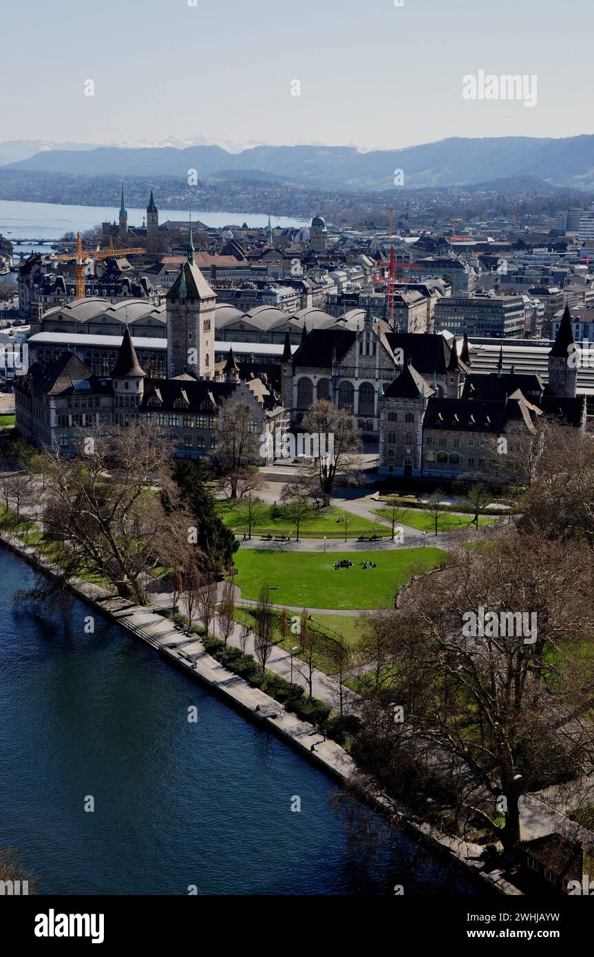 Panorama Stadt Zürich mit Bahnhof und Platzspitz , città panoramica di Zürich con stazione Rqailway Foto Stock