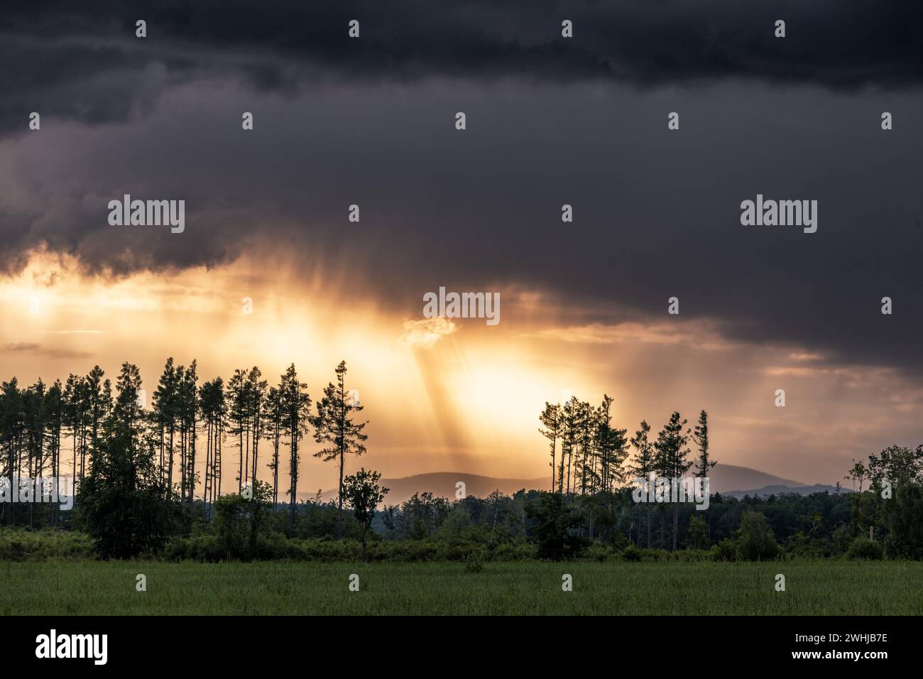 Atmosfera da tempesta con vista su Brocken Harz Foto Stock