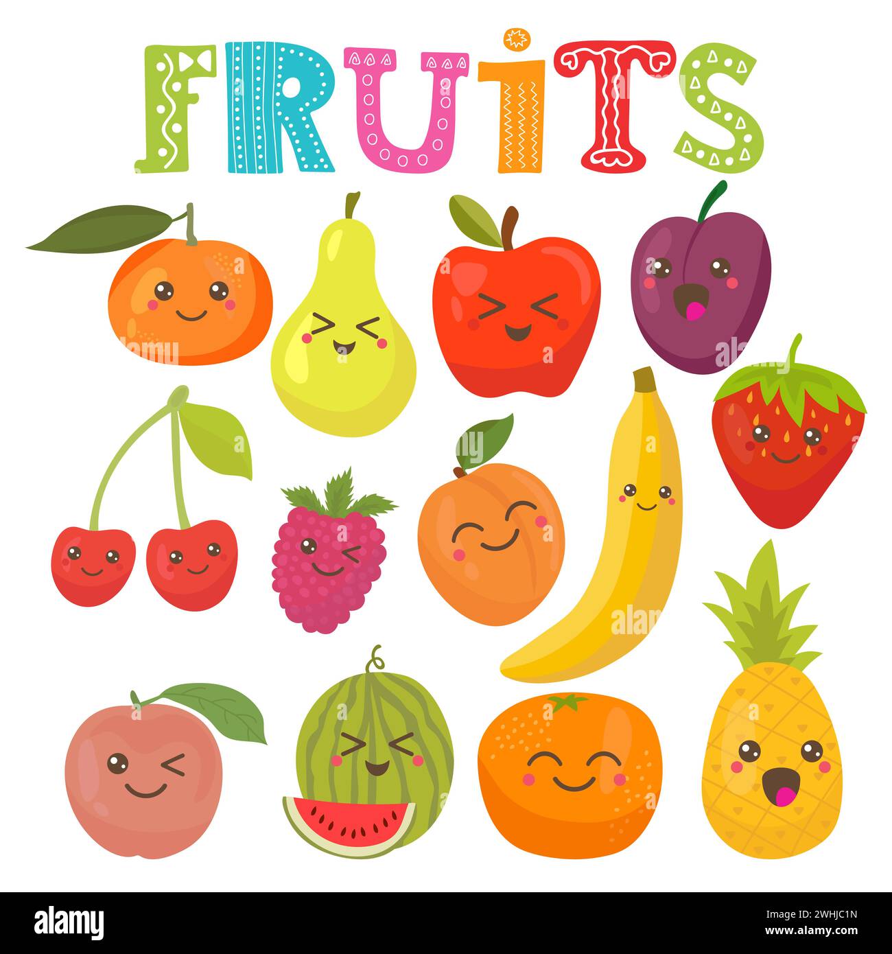 Carino kawaii sorridente frutti. Stile sano collezione. Illustrazione Vettoriale Illustrazione Vettoriale
