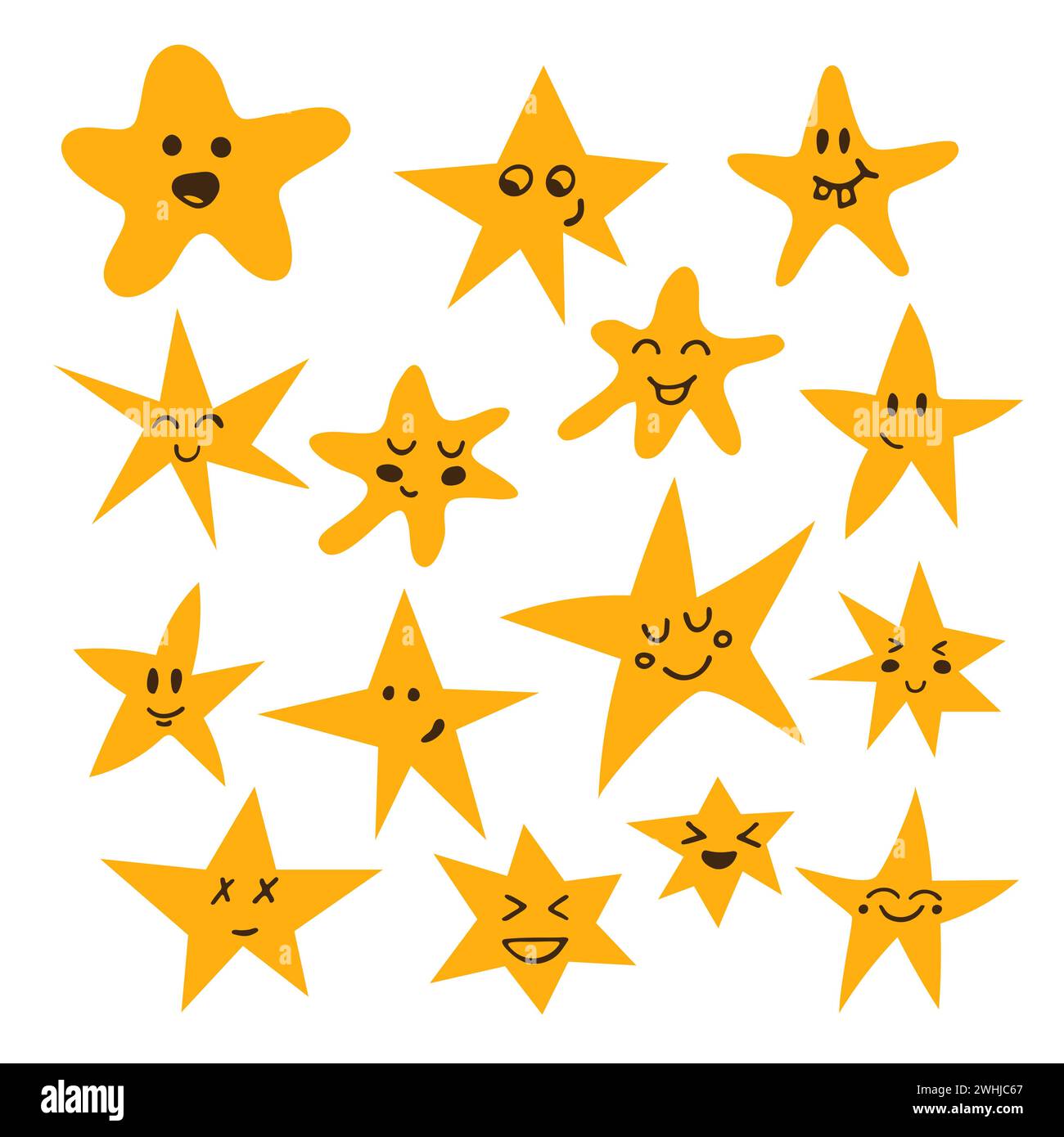 Set di stelle carine e divertenti disegnate a mano. Stile fumetto dei cartoni animati. Illustrazione vettoriale Illustrazione Vettoriale