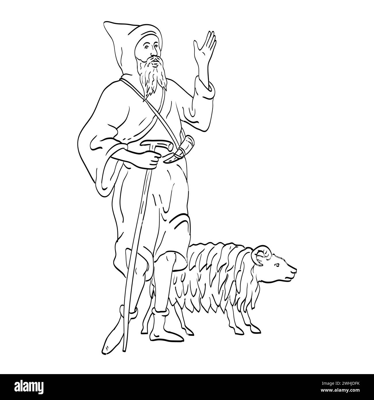 Medioeval Shepherd o Sheepherder con personale e Sheep Medieval Style Line Art Drawing Foto Stock