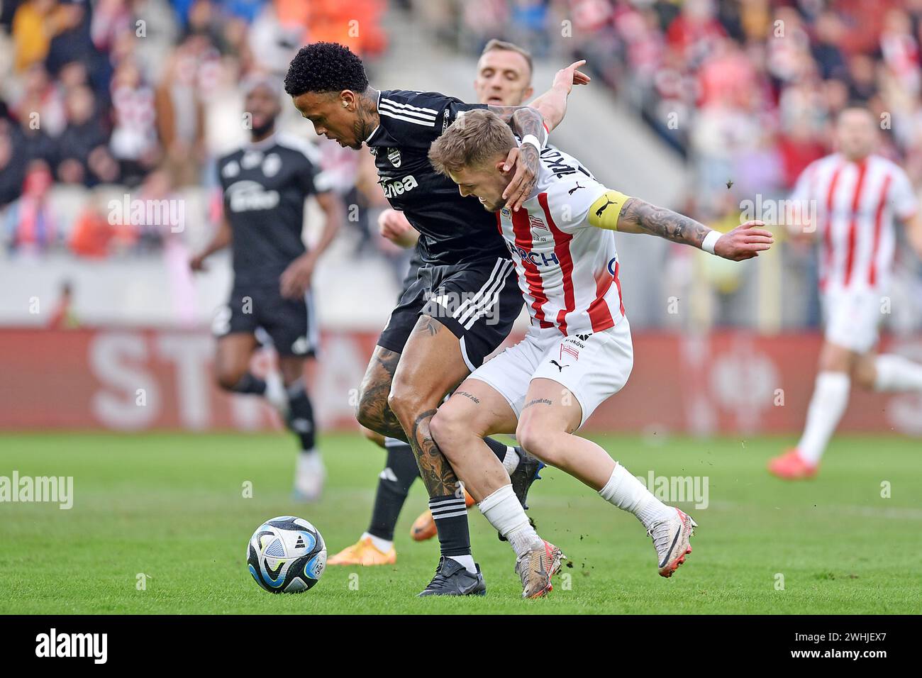 Cracovia, Polonia. 10 febbraio 2024. 2024.02.10 Cracovia Pilka nozna, PKO BP Ekstraklasa, sezon 2023/2024 Cracovia Cracovia - Radomiak Radom N/z Luiz Gustavo Novaes Palhares Luizao, Michal Rakoczy foto Krzysztof Porebski/PressFocus 2024.02.10 Krakow Football, campionato superiore polacco - primo livello, stagione 2023/24 Cracovia Cracovia Cracovia Cracovia - Radomiak Radom Luiz Gustavo al Novaes credito: Krzysztof Porebski/PressFocus Credit: SIPA USA/Alamy Live News Foto Stock