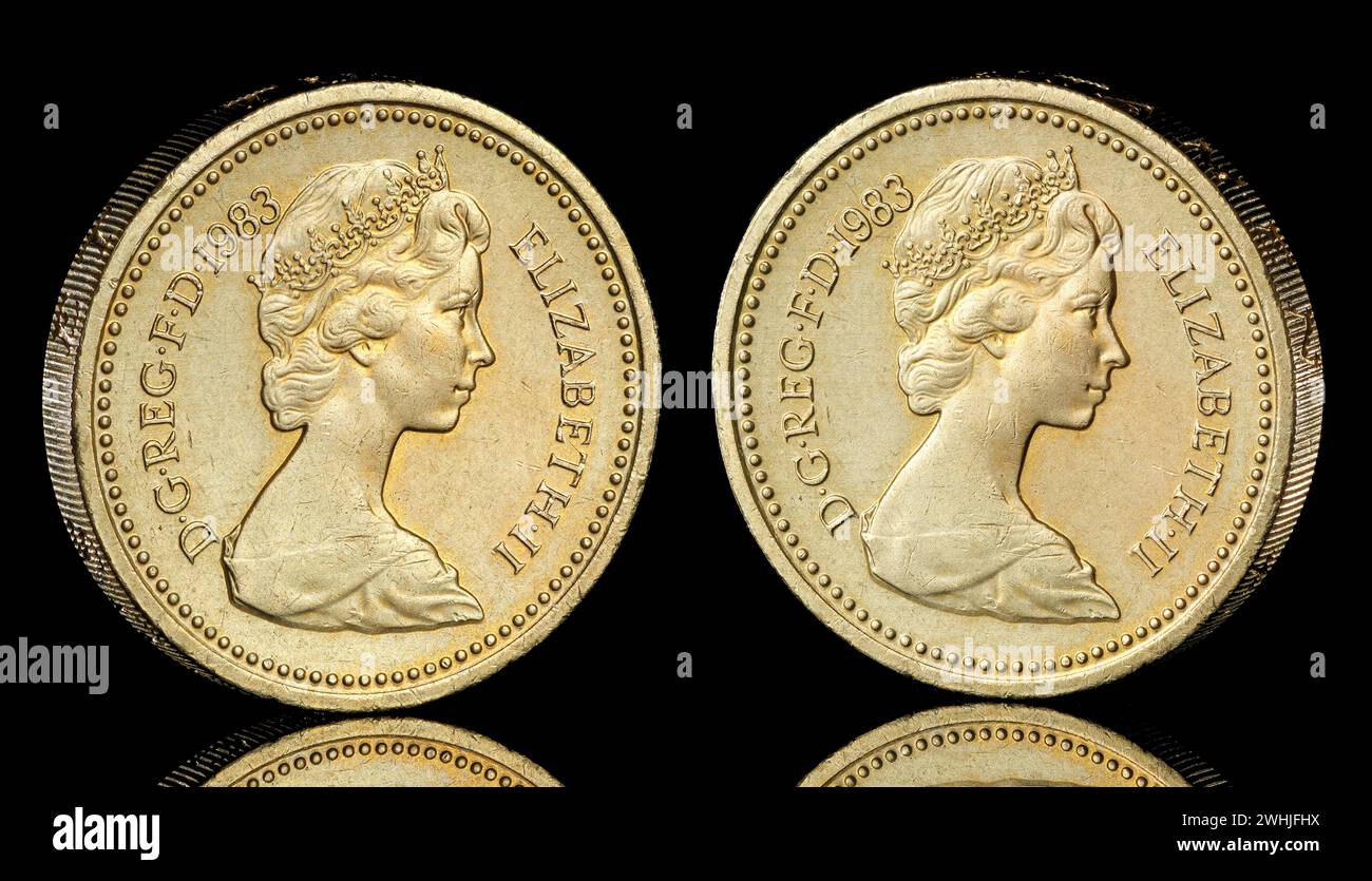 La prima moneta da una sterlina emessa nel Regno Unito dalla Royal Mint nel maggio 1983. Foto Stock