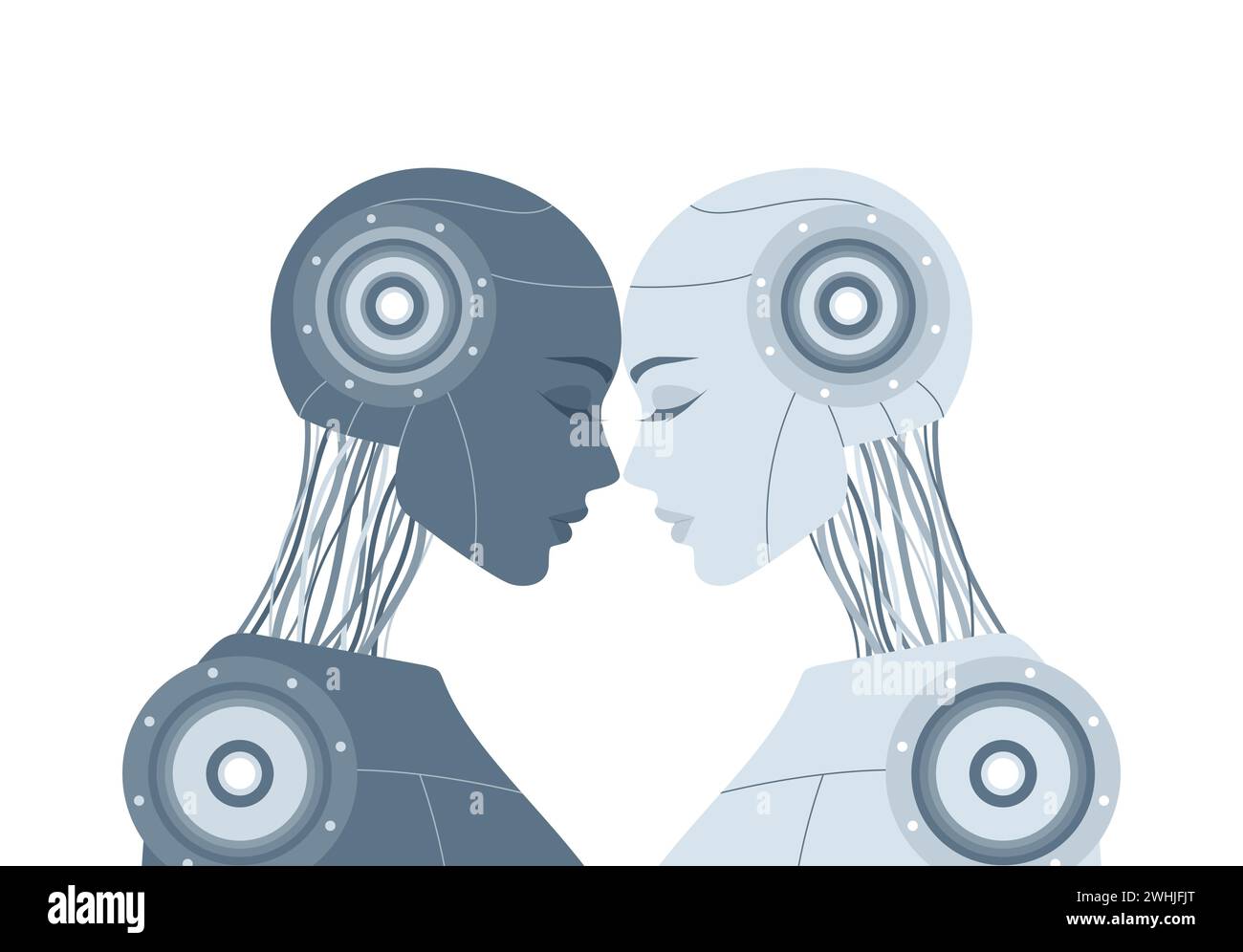 Due robot umanoidi femminili in piedi insieme, appoggiati la fronte l'uno contro l'altro, isolati su uno sfondo bianco. Illustrazione vettoriale piatta Illustrazione Vettoriale