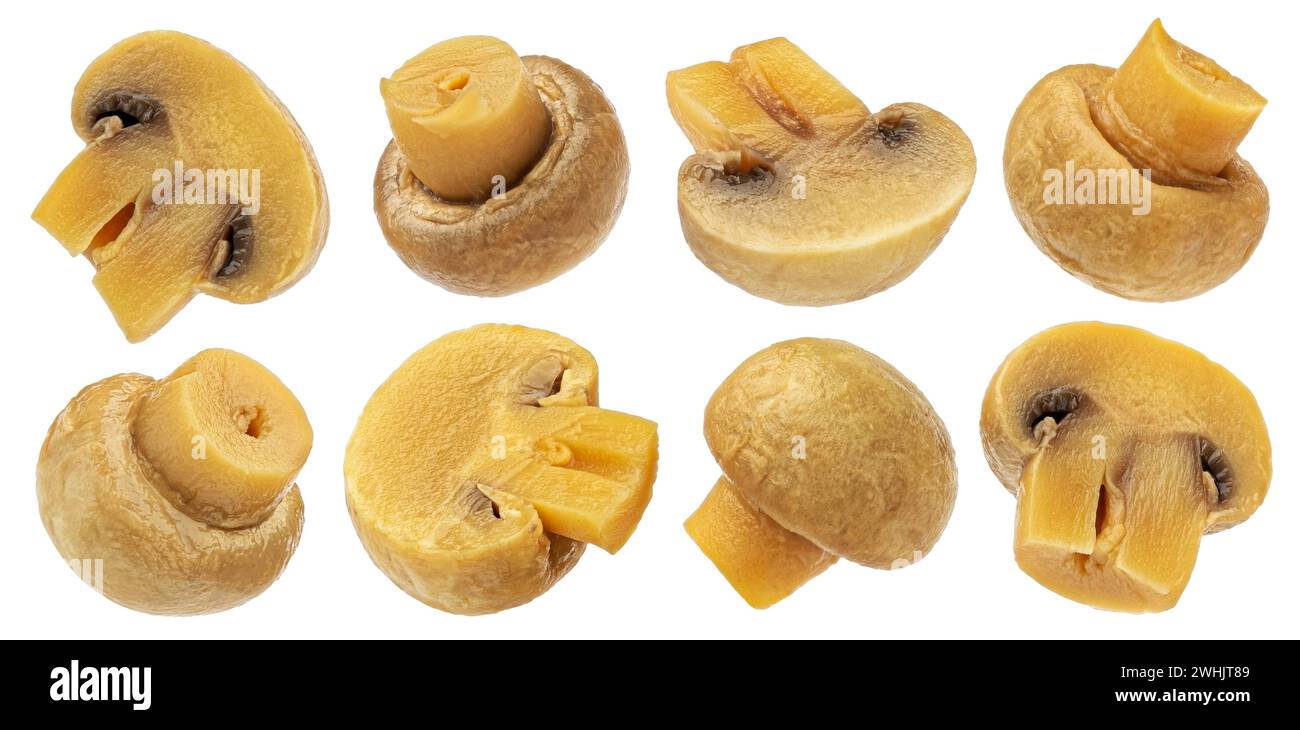 Funghi marinati, champignon sottaceto isolato su sfondo bianco Foto Stock