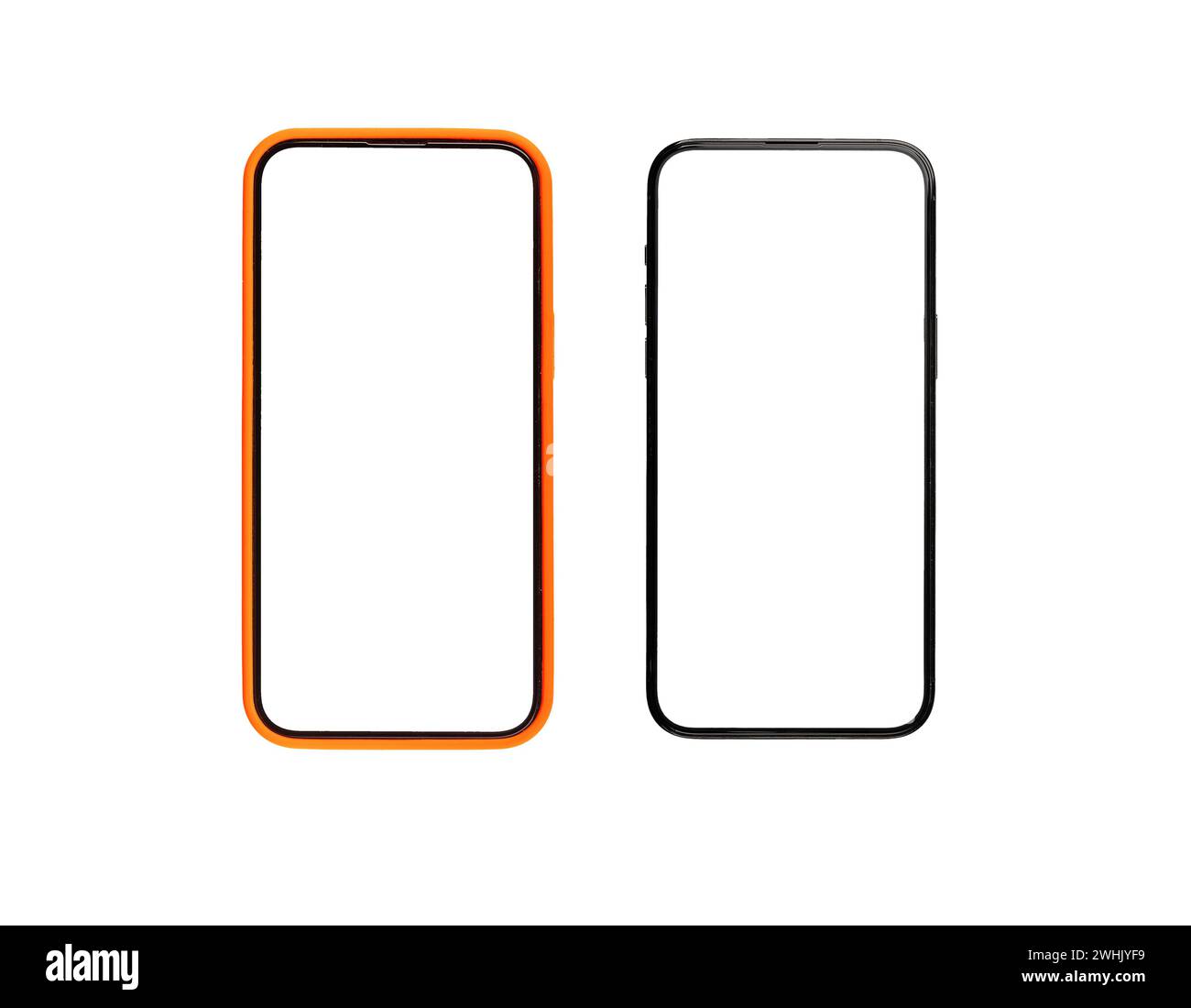 Modelli dello schermo del telefono cellulare. Lo smartphone visualizza i mock-up. Cornici vuote per cellulari nella custodia e isolate senza cache su sfondo bianco Foto Stock