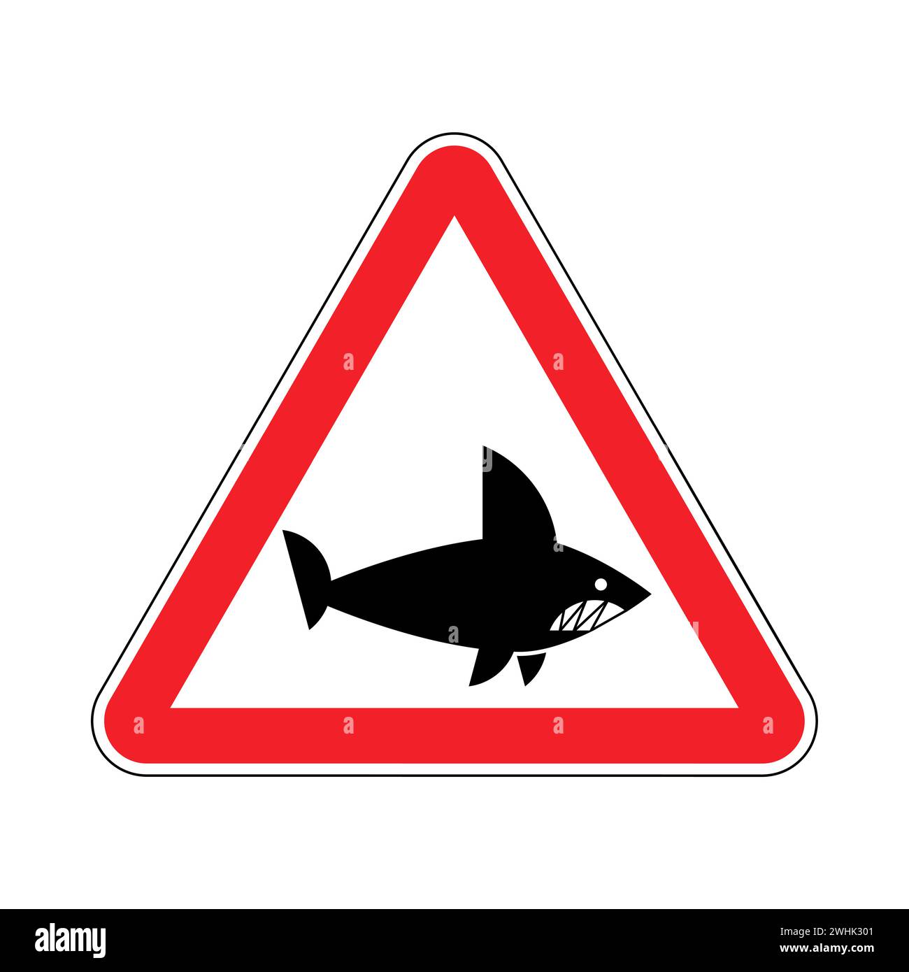 Attenzione squalo! Segnale di pericolo stradale triangolare. Attenzione squali Illustrazione Vettoriale