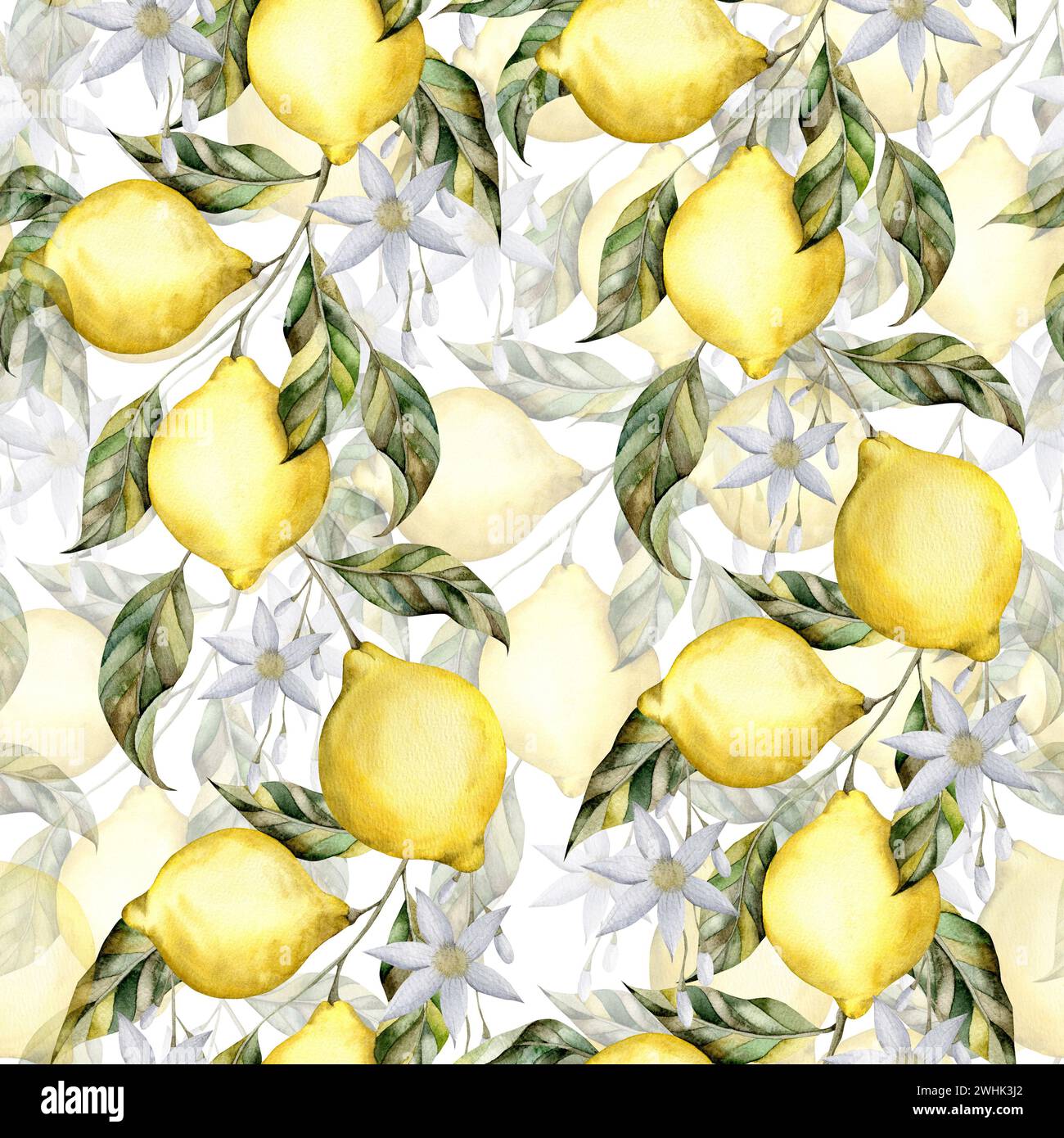 Motivo senza cuciture con limone su un ramo con foglie. Illustrazione ad acquerello per la decorazione e la progettazione di tessuti, tessuti, souvenir Foto Stock