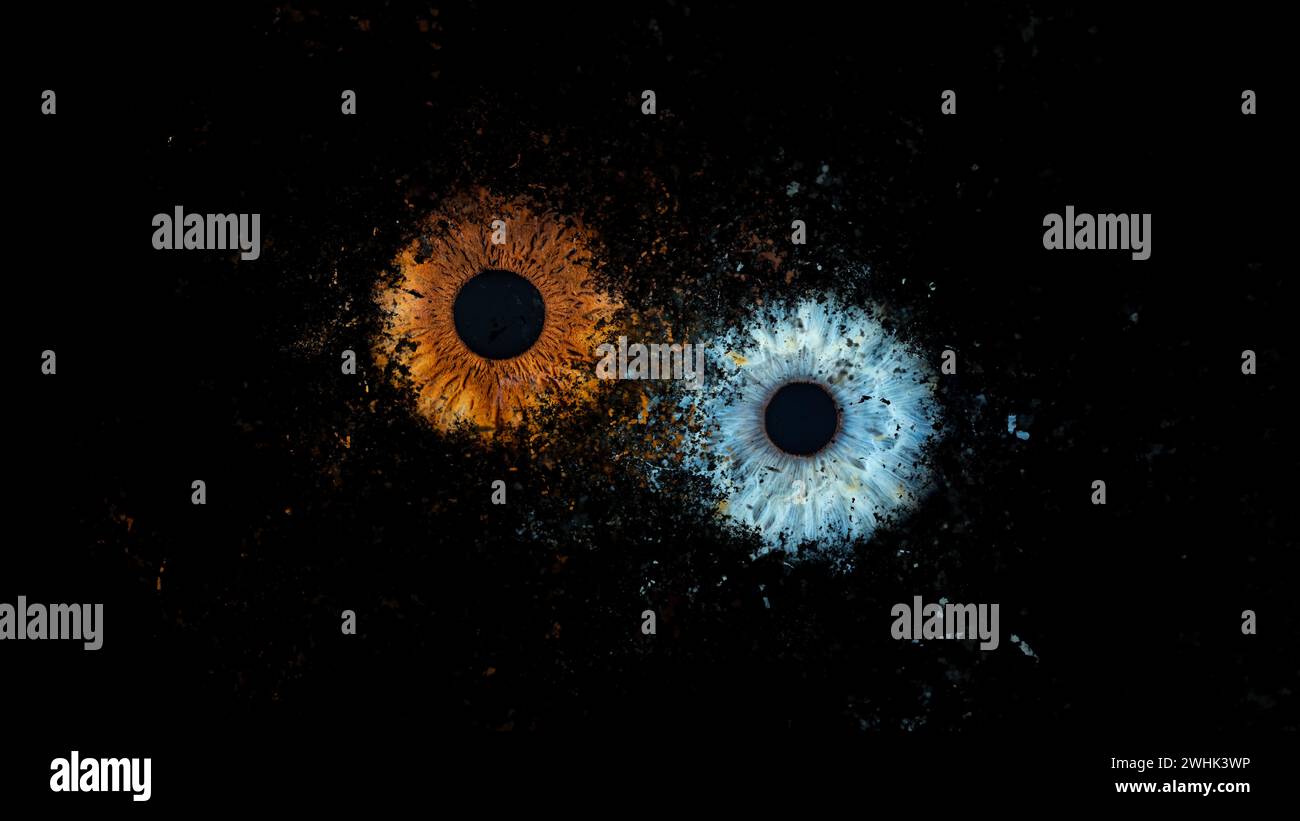 Descrizione: Effetto galassia degli occhi umani che esplodono su sfondo nero. Primo piano dell'iride blu e marrone che urtano. Anatomia strutturale. Iris De Foto Stock