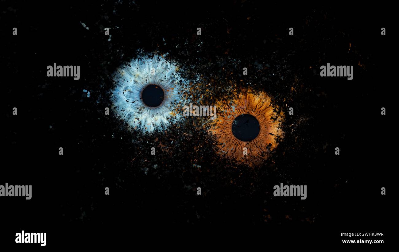 Descrizione: Effetto di esplosione della galassia degli occhi umani che si scontrano su sfondo nero. Primo piano di Iris di colore blu e marrone. Anatomia strutturale. Iris De Foto Stock