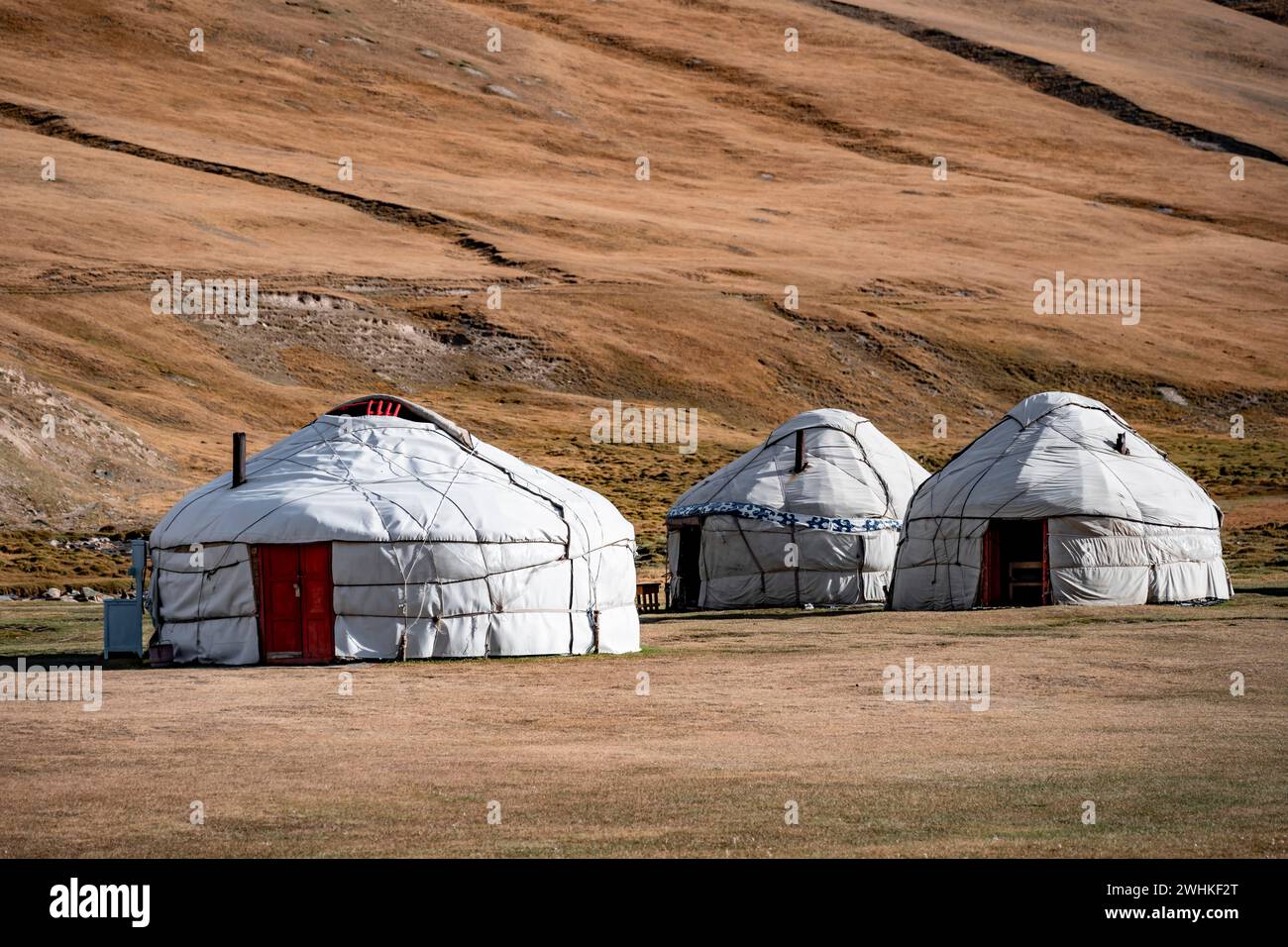 Yurts con colline gialle, distretto di Atbashy nella regione di Naryn, Kirghizistan Foto Stock