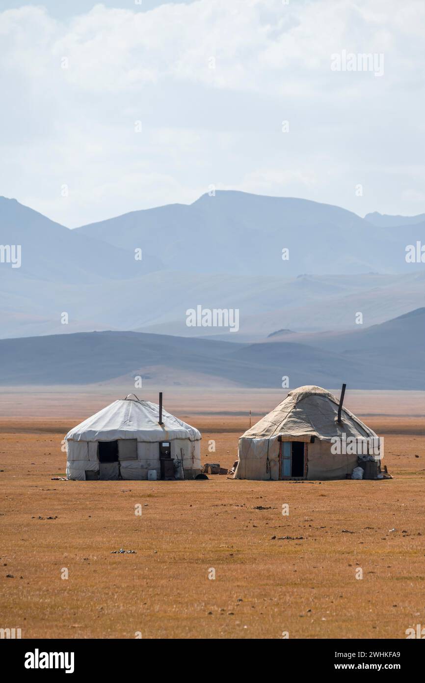 Yurt negli altipiani, nella regione di Naryn, in Kirghizistan Foto Stock