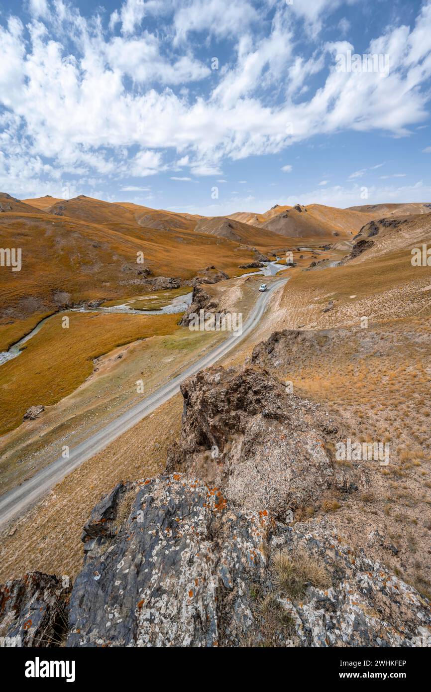 Auto su strada attraverso la valle di montagna con colline con erba gialla, provincia di Naryn, Kirghizistan Foto Stock
