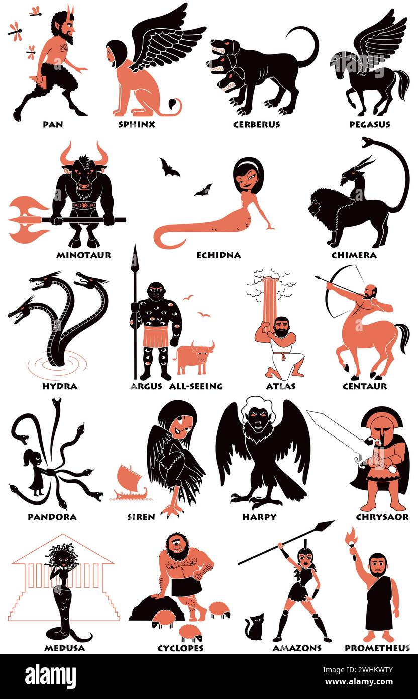 Serie di illustrazioni a design piatto di creature e figure della mitologia greca su sfondo bianco. Illustrazione Vettoriale