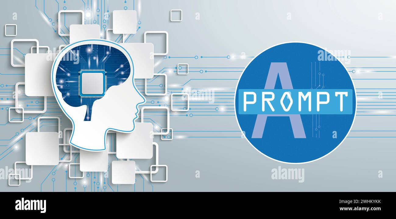 Testa umana con processore nel cervello e diagramma di circuito con il testo Prompt ai su sfondo grigio. File vettoriale EPS 10. Foto Stock