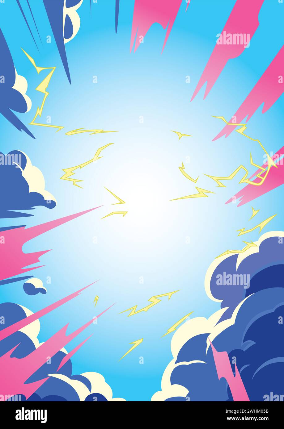 Illustrazione in stile anime di un cielo dinamico con flash elettrici e nuvole vivaci. Illustrazione Vettoriale