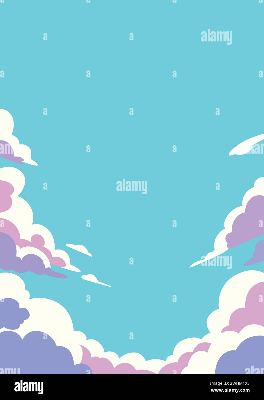 Illustrazione in stile anime di un cielo stravagante con soffici nuvole, che fornisce ampio spazio di copia su uno sfondo blu. Illustrazione Vettoriale