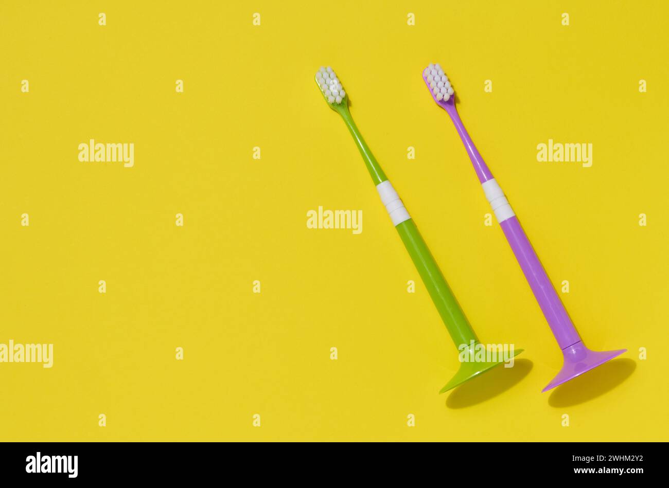 Due spazzolini in plastica su sfondo giallo, igiene orale Foto Stock