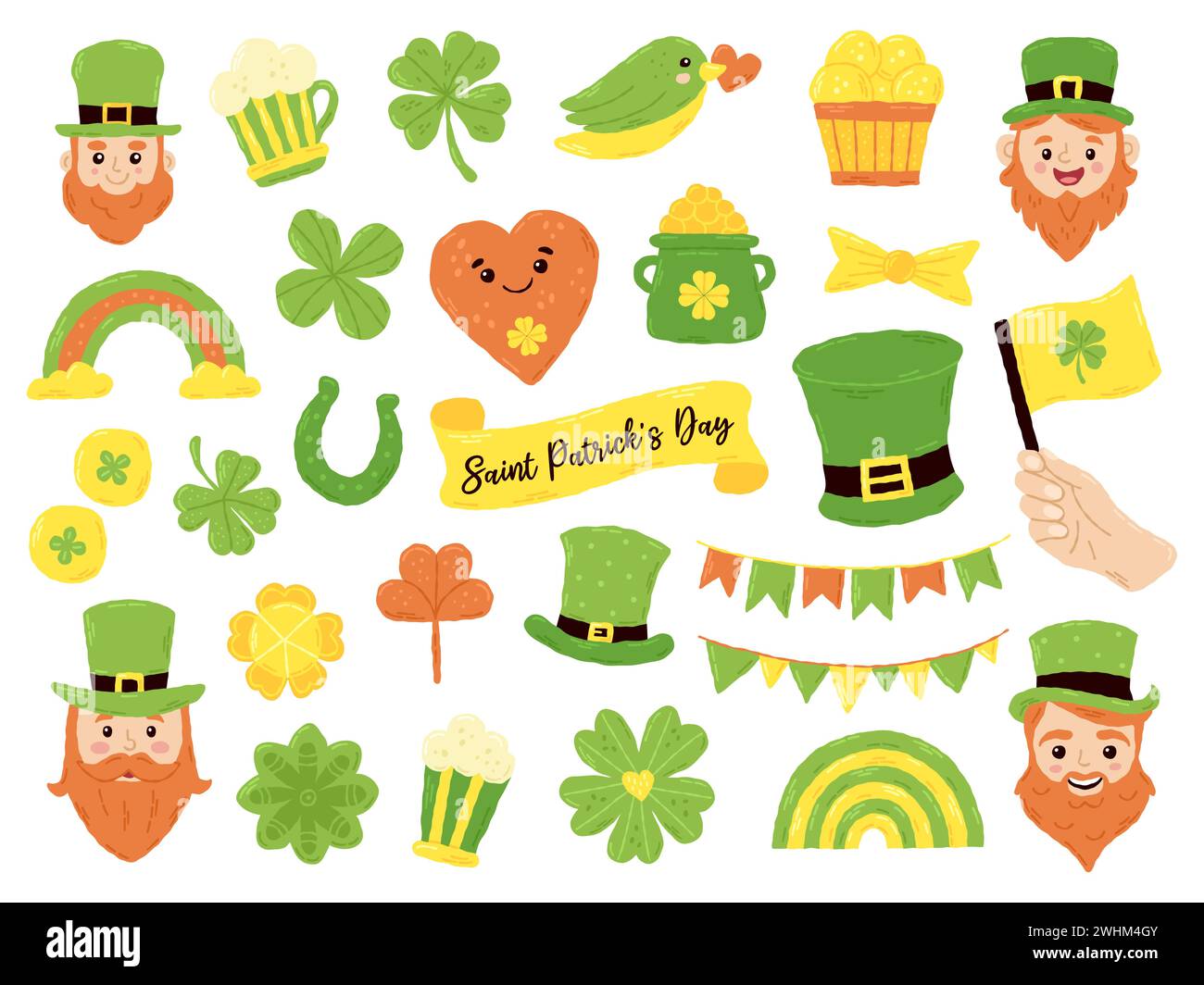 Set festivo per St. Festa di San Patrizio: clover, irlanda, shamrock, birra, bandiera, leprecaun, gnomo. Elementi di cartoni animati piatti disegnati a mano. Illustrazione vettoriale Illustrazione Vettoriale
