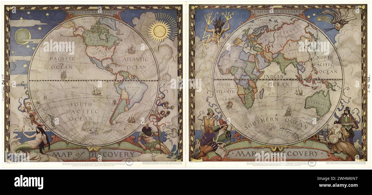 Mappa della scoperta emisferi orientali e occidentali, due mappe una per ogni emisfero combinate Creatore Newell Convers Wyeth, intorno al 1920 Foto Stock