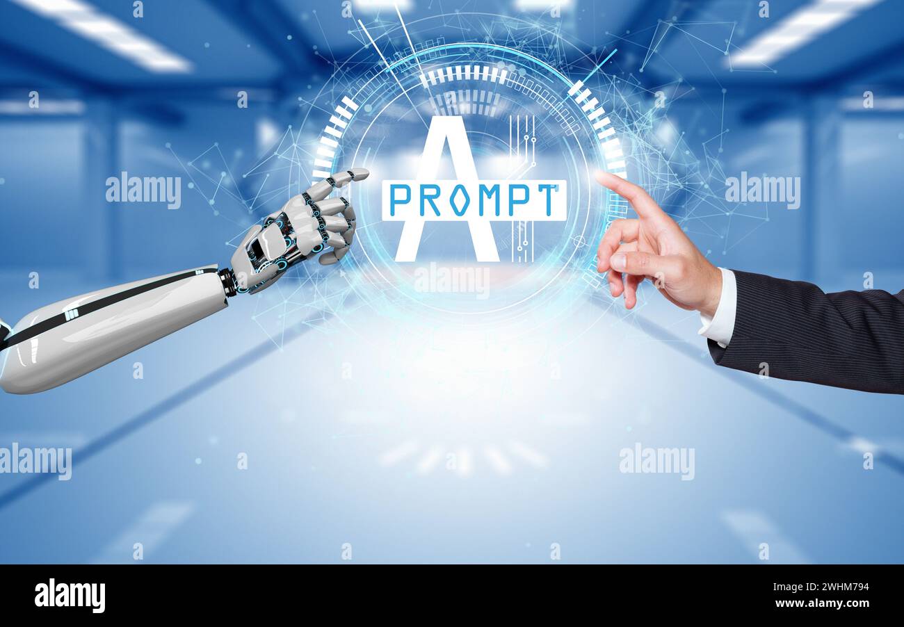 Gli esseri umani e i robot umanoidi comunicano tra loro tramite prompt. illustrazione 3d. Foto Stock