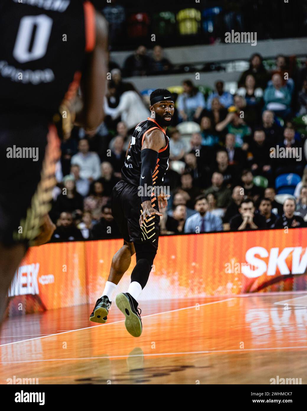 I London Lions giocano a Wolves Vilnius nelle fasi a gironi dell'Eurocup presso l'arena Copper Box di Londra, Regno Unito. I London Lions perdono 80-85 in una partita serrata. &Febbraio 2024. David Nwaba dei Lions. copyright caroljmoir/alamy Foto Stock