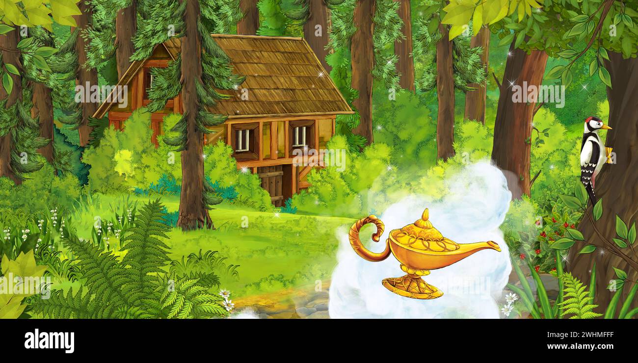 scena di cartoni animati con lampada magica che vola sopra il terreno nella foresta vicino ad alcune case di legno nascoste - illustrazione per bambini Foto Stock