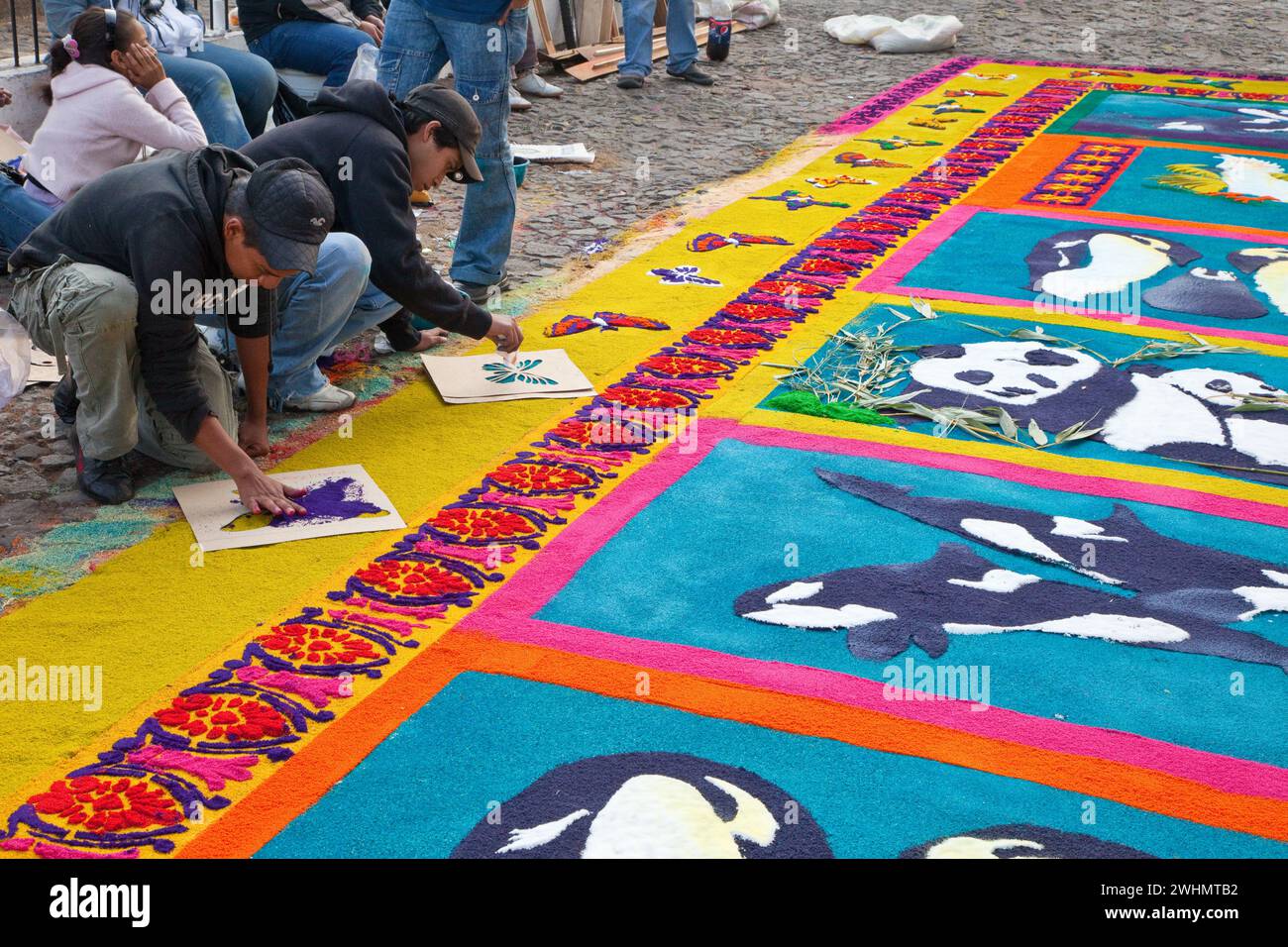 Antigua, Guatemala. Finalizzare una farfalla stencizzata su un alfombra (tappeto) di segatura colorata raffigurante temi ambientali che decorano la strada Foto Stock