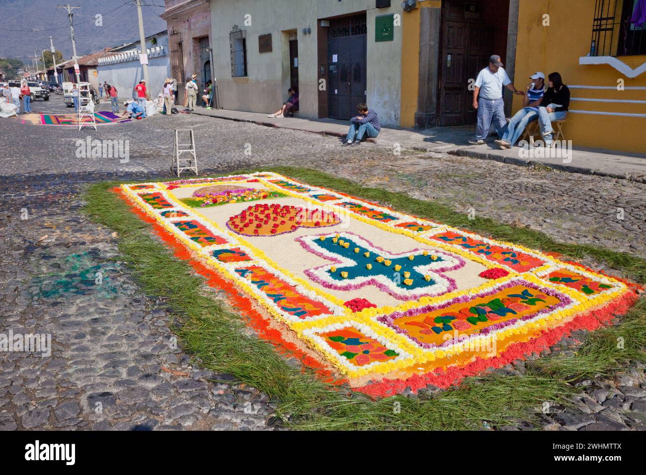 Antigua, Guatemala. Un alfombra (tappeto) di fiori, aghi di pino e altri materiali tradizionali decora la strada prima del passaggio di Foto Stock
