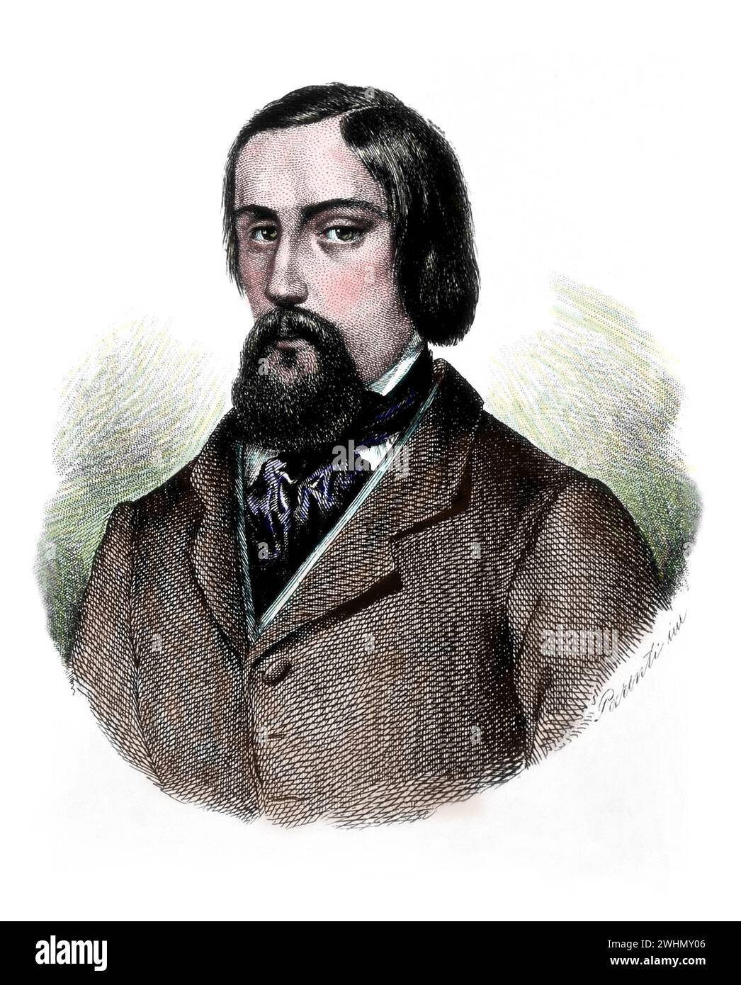 1849 c., ITALIA : il poeta e patriota italiano GOFFREDO MAMELI ( 1827 - 1849 ). Autore del poema Fratelli d'Italia ( 1847 ), inno nazionale ufficiale d'Italia del 1946 con musiche del compositore Michele Novaro (Genova 1822 - 1885 ). Ritratto inciso da parenti . COLORAZIONE DIGITALE . - STORIA - FOTO STORICHE - POETA - PATRIOTA - RISORGIMENTO - poesia - letterato - letteratura - Inno NAZIONALE italiano - ITALIA - ritratto - ritratto - barba - EROE - incisione - incisione - ILLUSTRAZIONE --- ARCHIVIO GBB Foto Stock