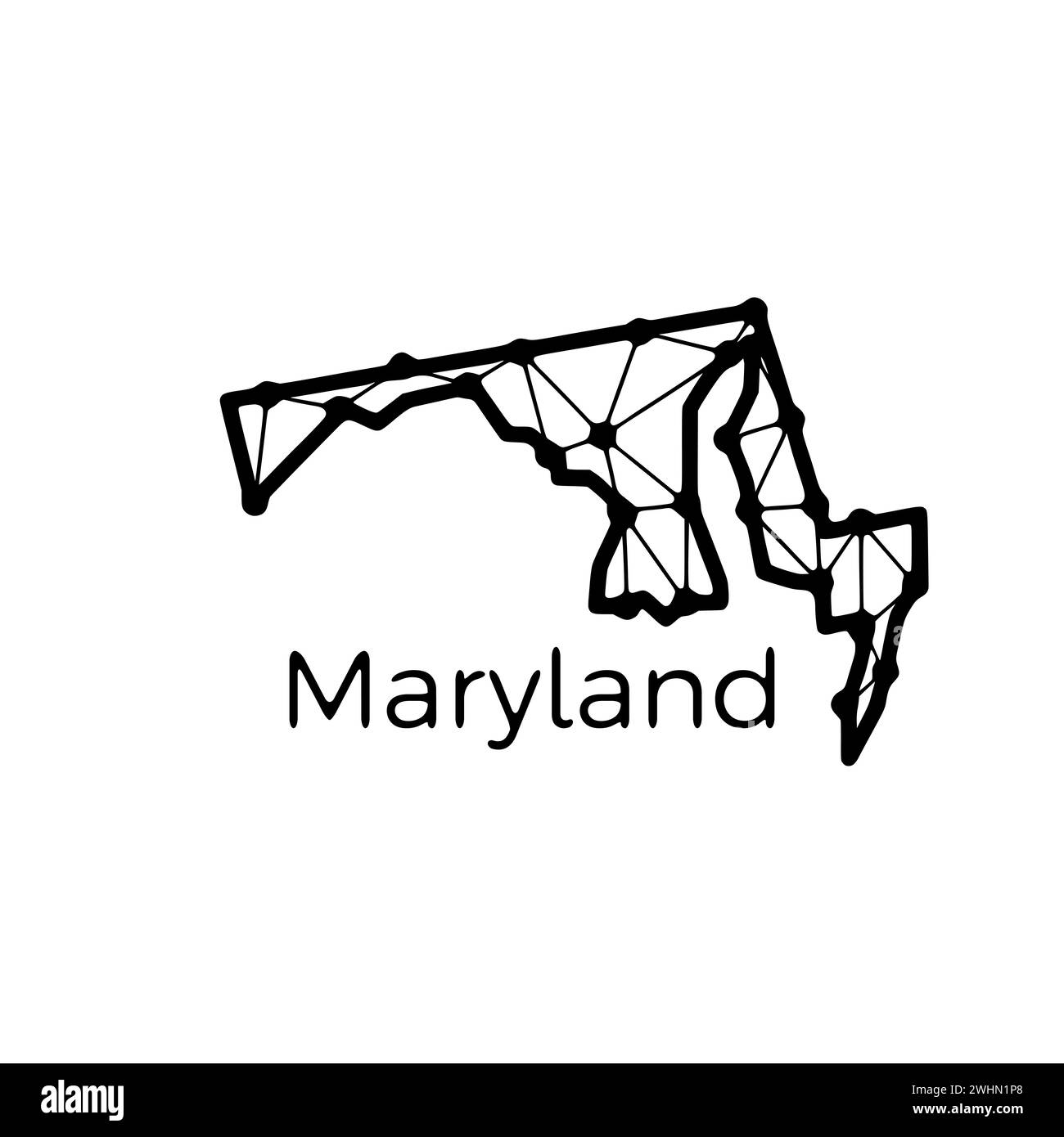 Mappa dello stato del Maryland illustrazione poligonale fatta di linee e punti, isolata su sfondo bianco. STATI UNITI: Design a basso poli Foto Stock