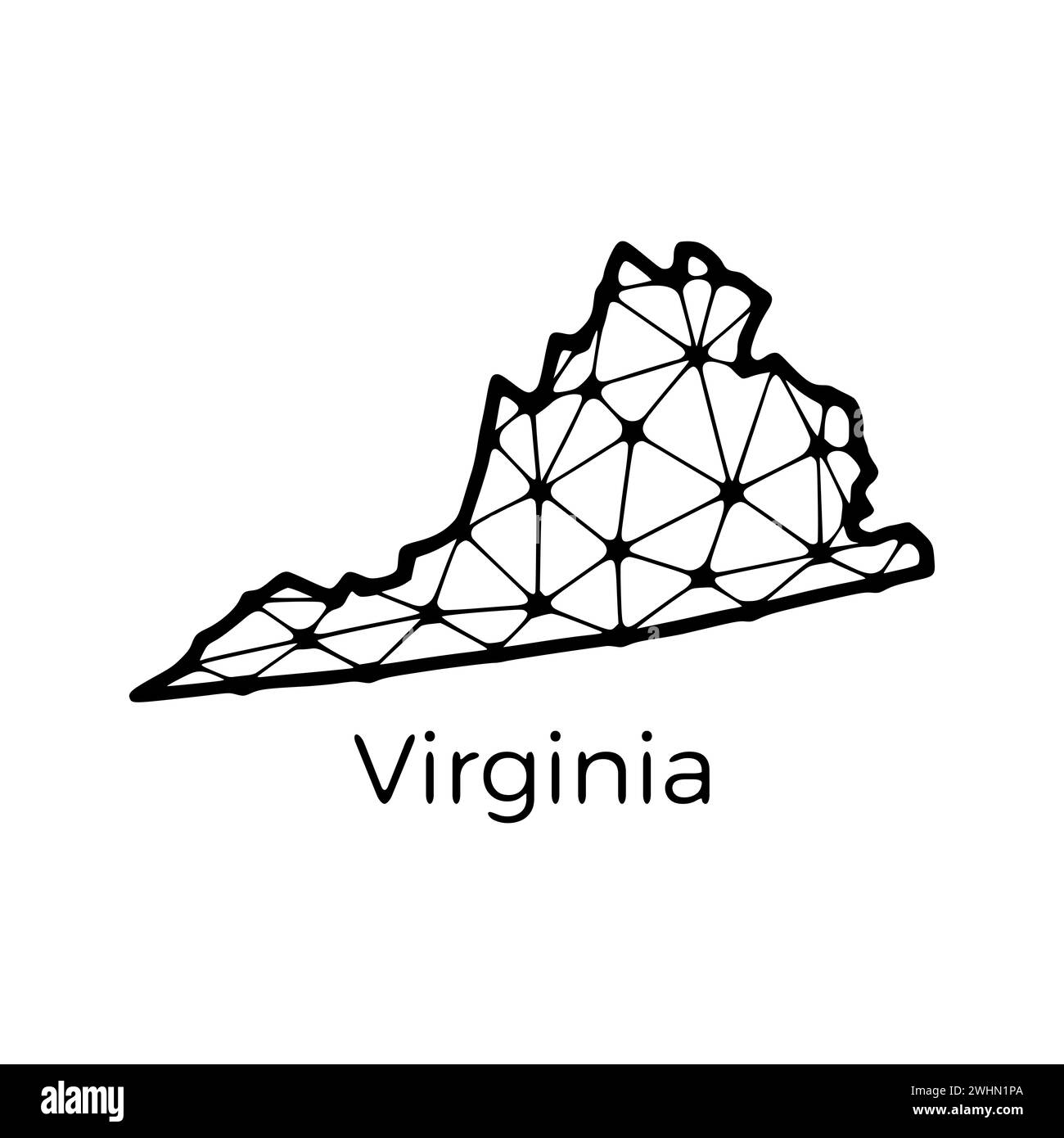 Mappa dello stato della Virginia illustrazione poligonale fatta di linee e punti, isolata su sfondo bianco. STATI UNITI: Design a basso poli Foto Stock