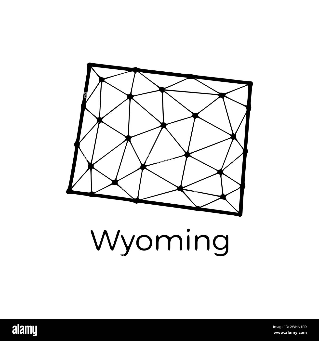 Mappa dello stato del Wyoming illustrazione poligonale fatta di linee e punti, isolata su sfondo bianco. STATI UNITI: Design a basso poli Foto Stock