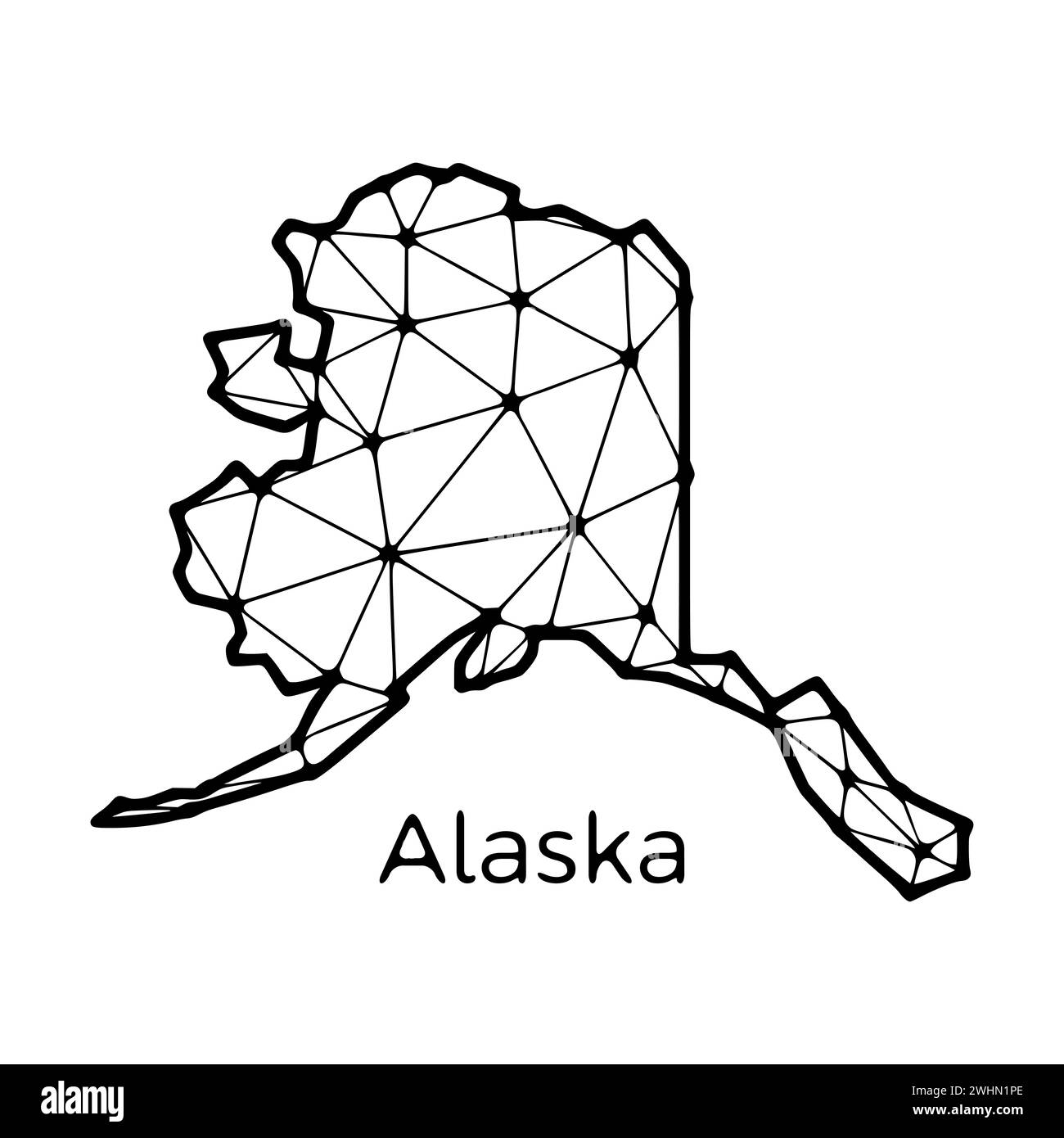 Mappa dello stato dell'Alaska illustrazione poligonale fatta di linee e punti, isolata su sfondo bianco. STATI UNITI: Design a basso poli Foto Stock