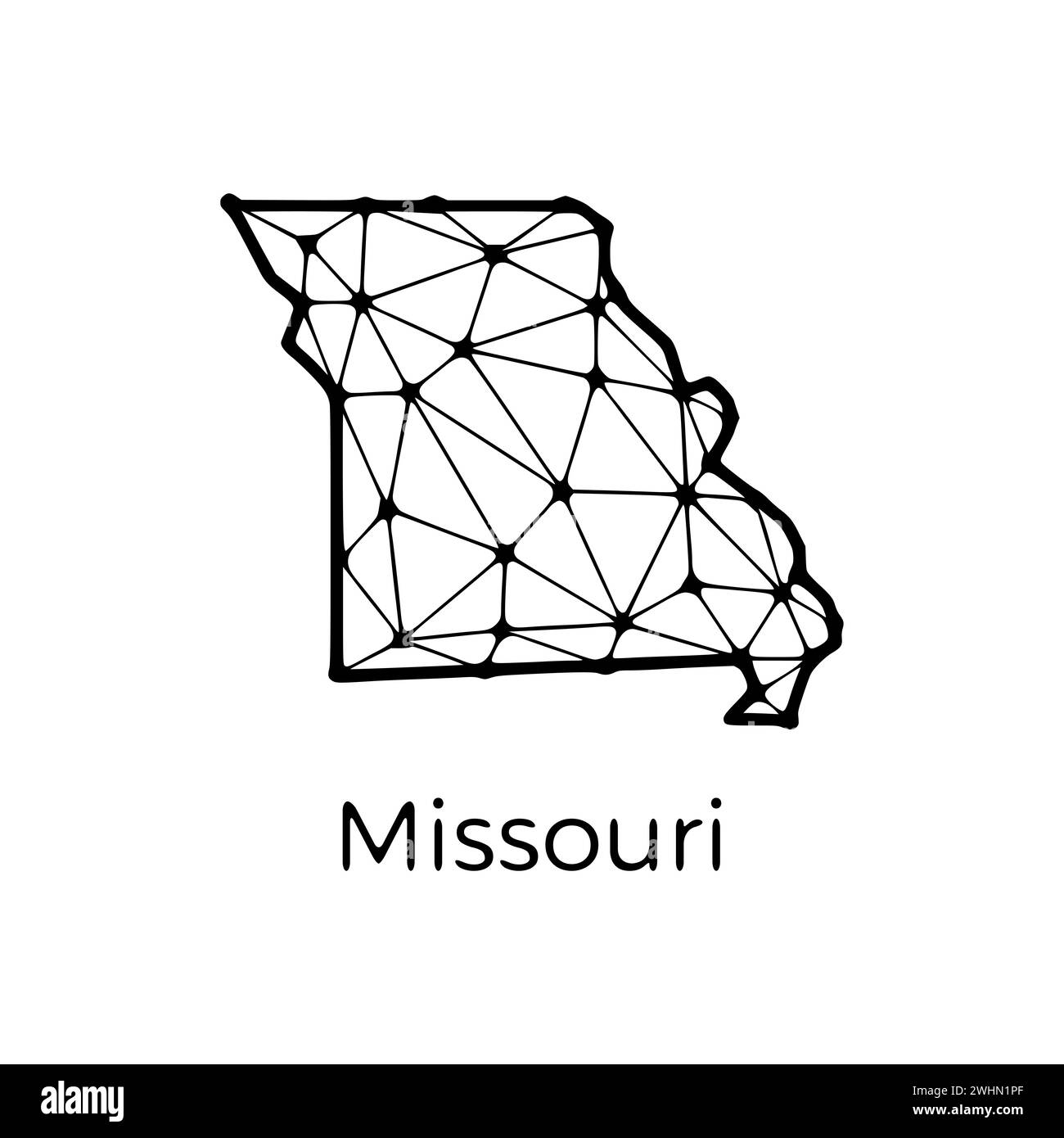 Mappa dello stato del Missouri illustrazione poligonale fatta di linee e punti, isolata su sfondo bianco. STATI UNITI: Design a basso poli Foto Stock