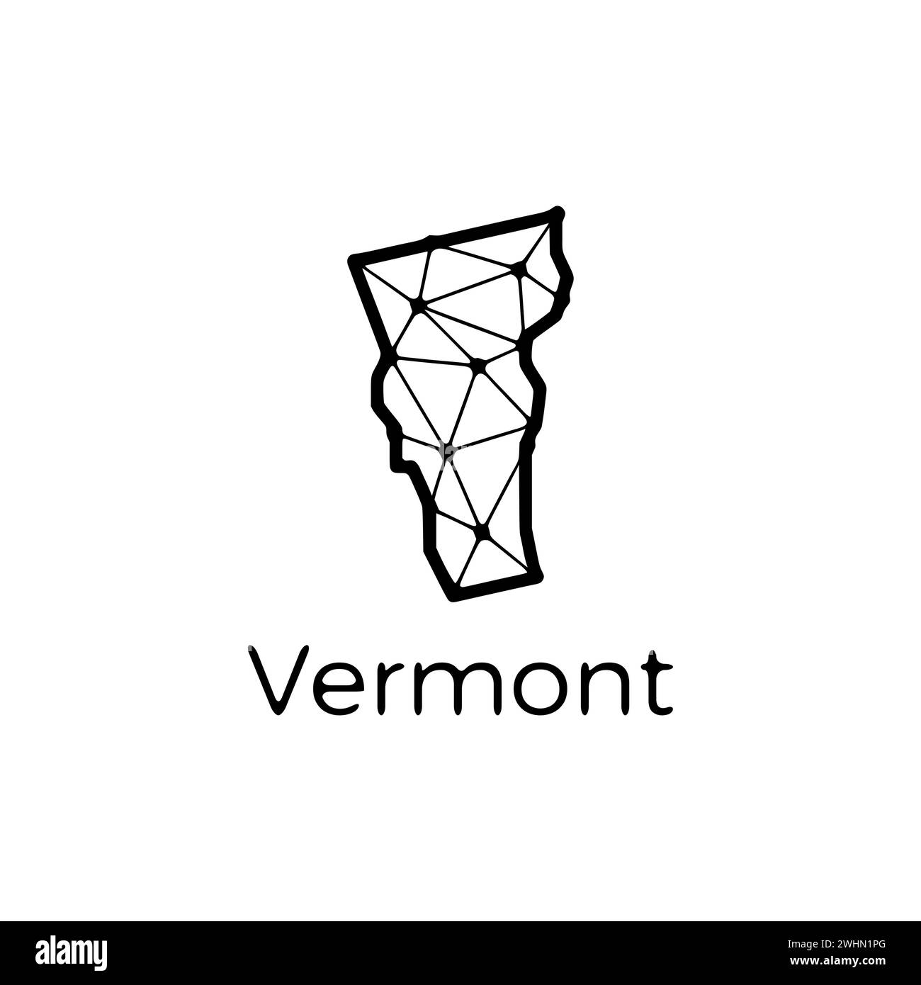 Illustrazione poligonale della mappa dello stato del Vermont fatta di linee e punti, isolata su sfondo bianco. STATI UNITI: Design a basso poli Foto Stock