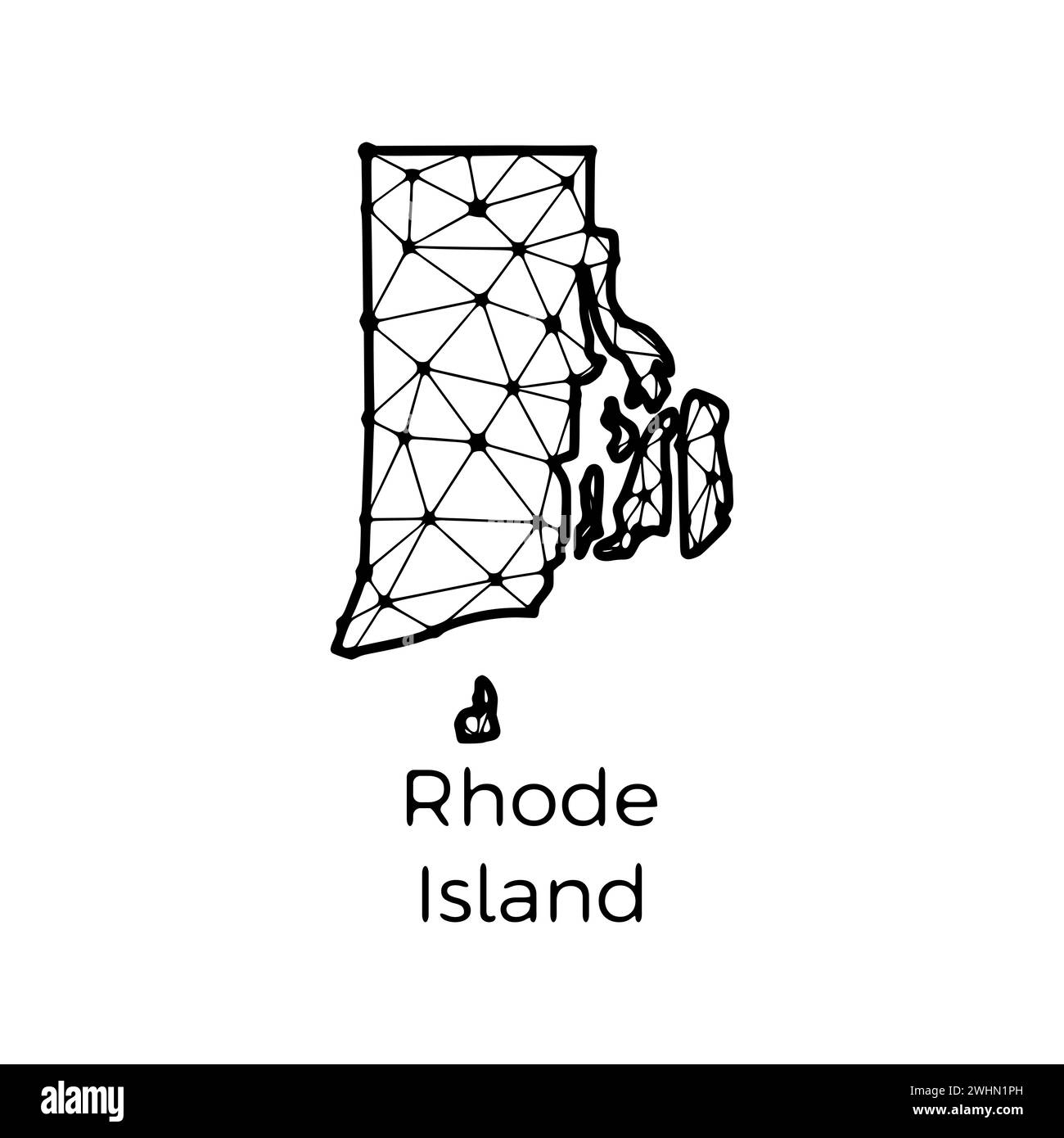 Mappa dello stato del Rhode Island illustrazione poligonale fatta di linee e punti, isolata su sfondo bianco. STATI UNITI: Design a basso poli Foto Stock