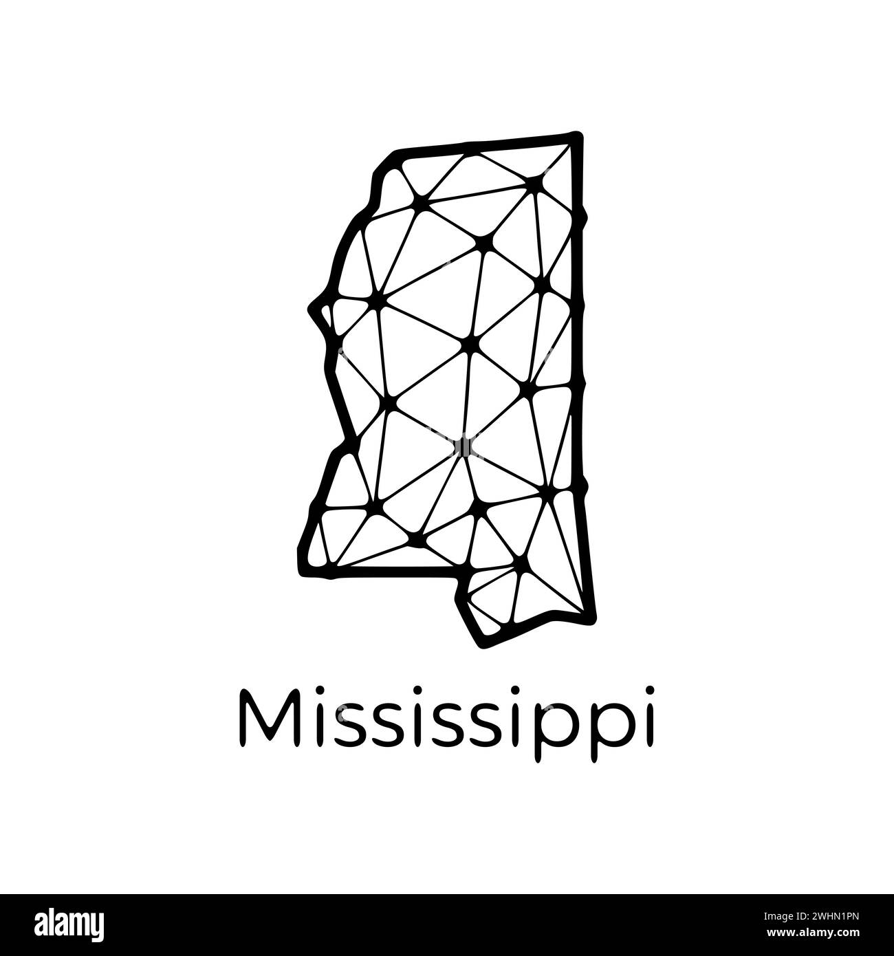 Mappa dello stato del Mississippi illustrazione poligonale fatta di linee e punti, isolata su sfondo bianco. STATI UNITI: Design a basso poli Foto Stock