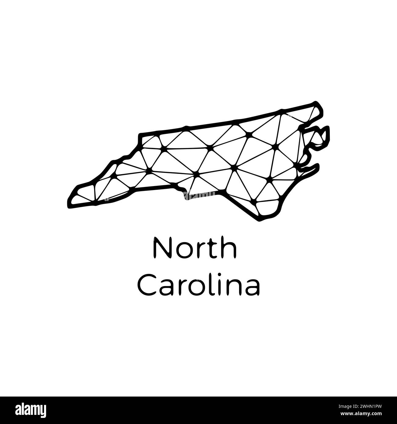 Illustrazione poligonale della mappa di stato del North Carolina fatta di linee e punti, isolata su sfondo bianco. STATI UNITI: Design a basso poli Foto Stock