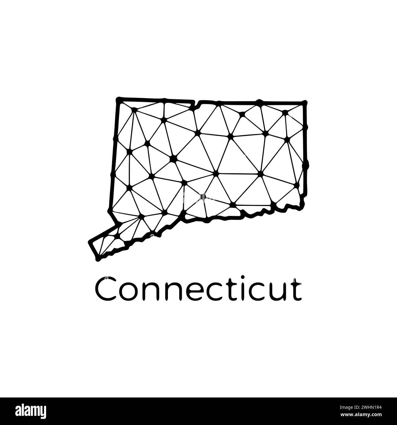 Illustrazione poligonale della mappa dello stato del Connecticut fatta di linee e punti, isolata su sfondo bianco. STATI UNITI: Design a basso poli Foto Stock