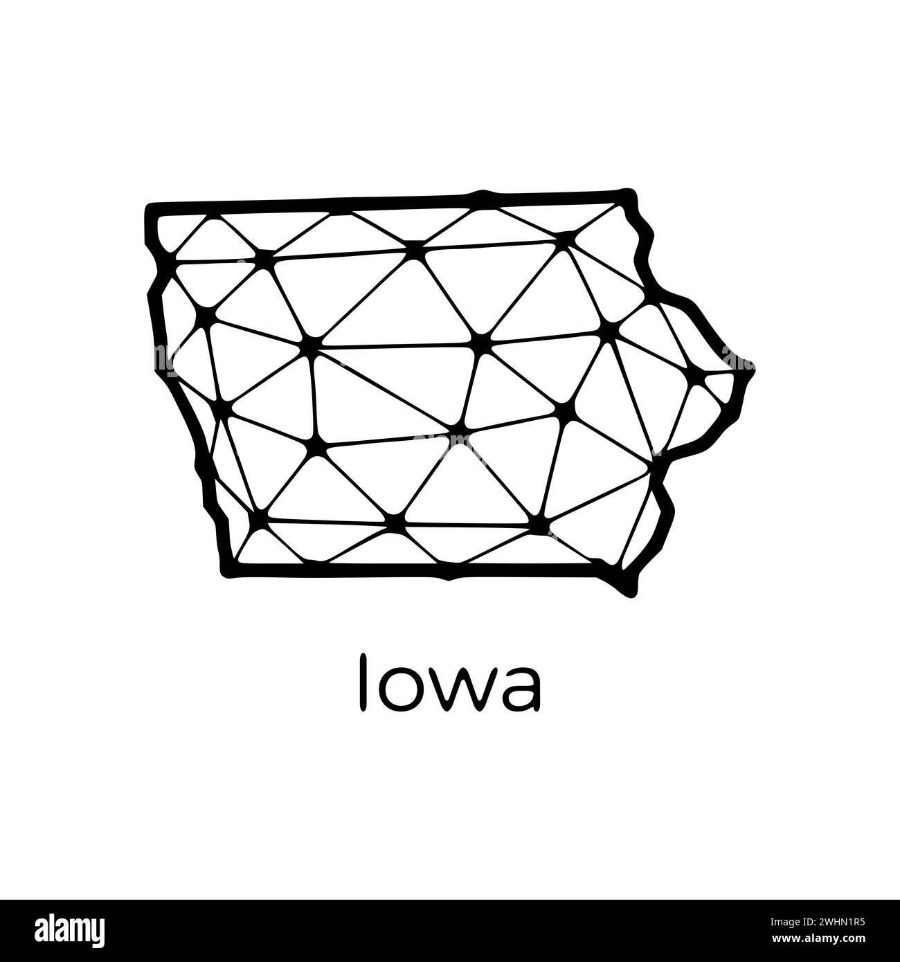 Illustrazione poligonale della mappa dello stato dell'Iowa fatta di linee e punti, isolata su sfondo bianco. STATI UNITI: Design a basso poli Foto Stock