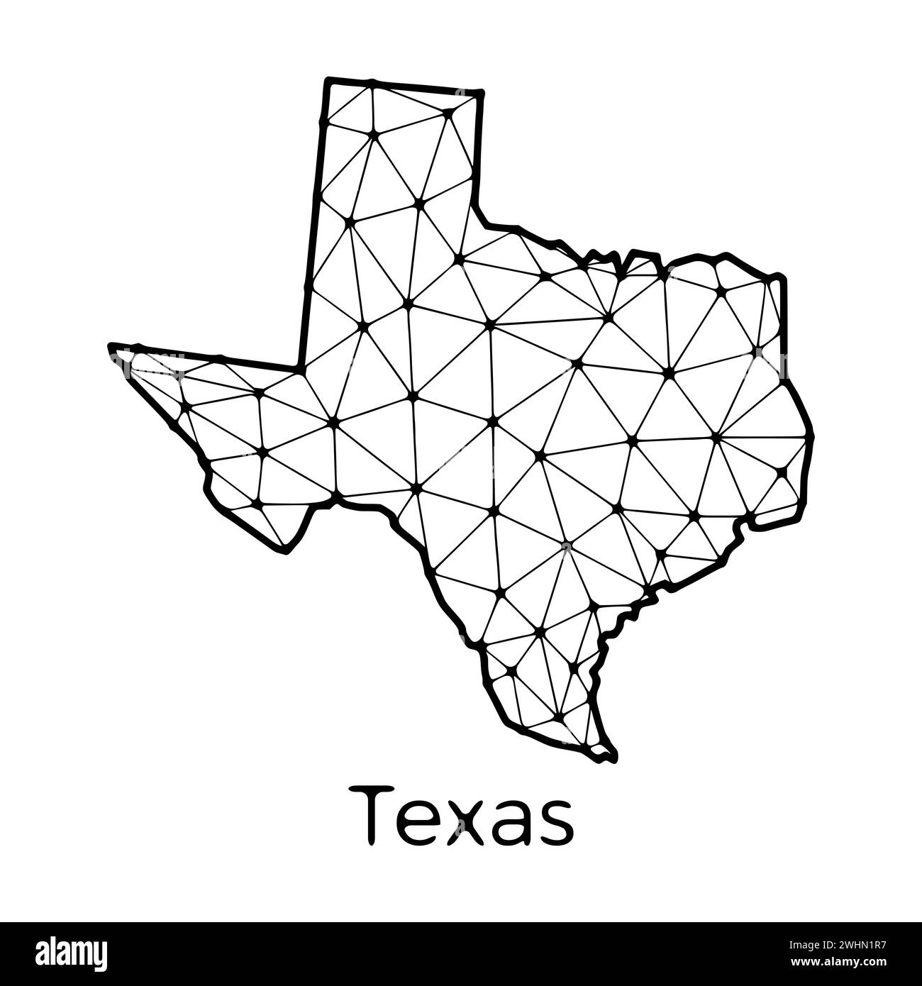 Illustrazione poligonale della mappa dello stato del Texas fatta di linee e punti, isolata su sfondo bianco. STATI UNITI: Design a basso poli Foto Stock