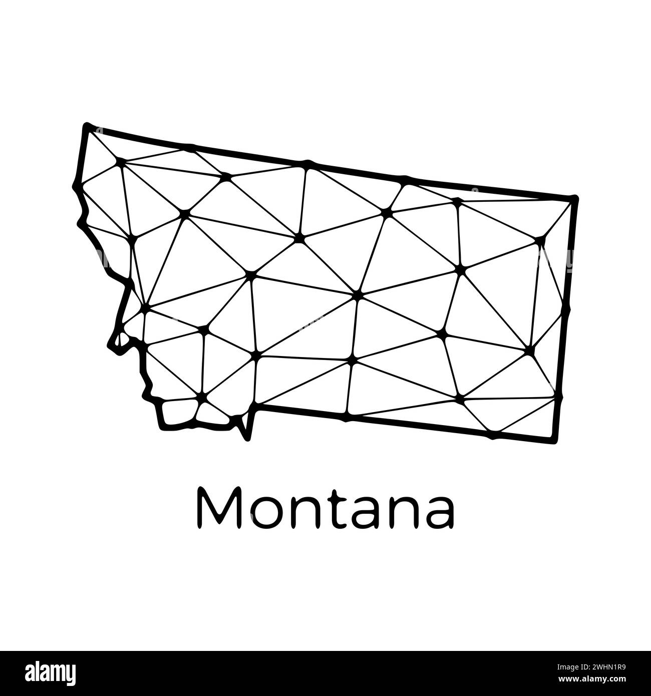 Illustrazione poligonale della mappa dello stato del Montana fatta di linee e punti, isolata su sfondo bianco. STATI UNITI: Design a basso poli Foto Stock