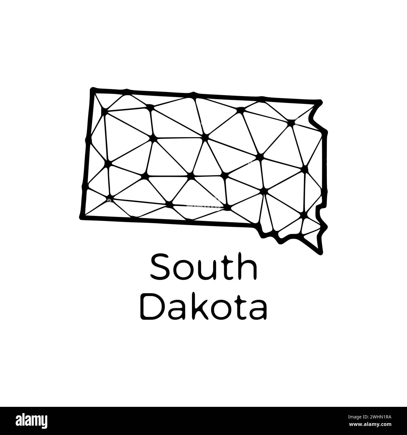 Illustrazione poligonale della mappa di stato del South Dakota fatta di linee e punti, isolata su sfondo bianco. STATI UNITI: Design a basso poli Foto Stock