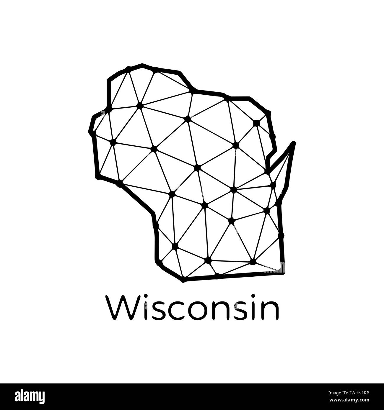 Mappa dello stato del Wisconsin illustrazione poligonale fatta di linee e punti, isolata su sfondo bianco. STATI UNITI: Design a basso poli Foto Stock