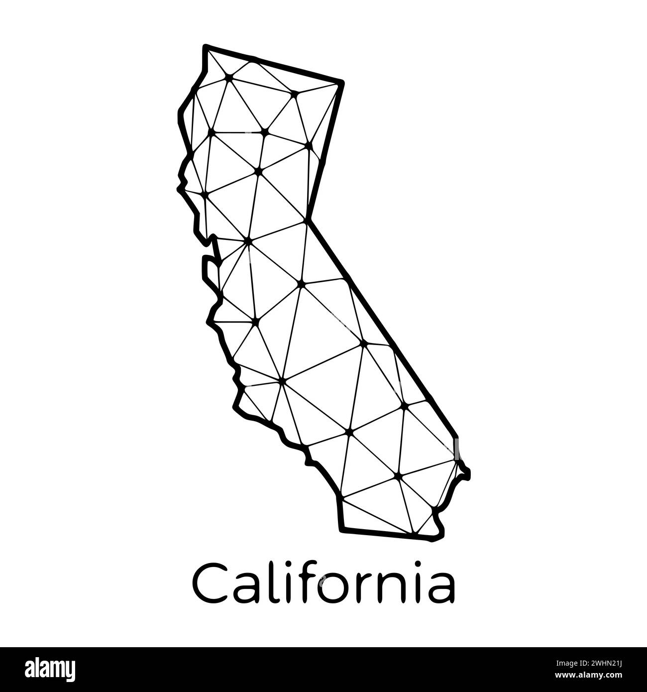 Mappa dello stato della California illustrazione poligonale fatta di linee e punti, isolata su sfondo bianco. STATI UNITI: Design a basso poli Foto Stock