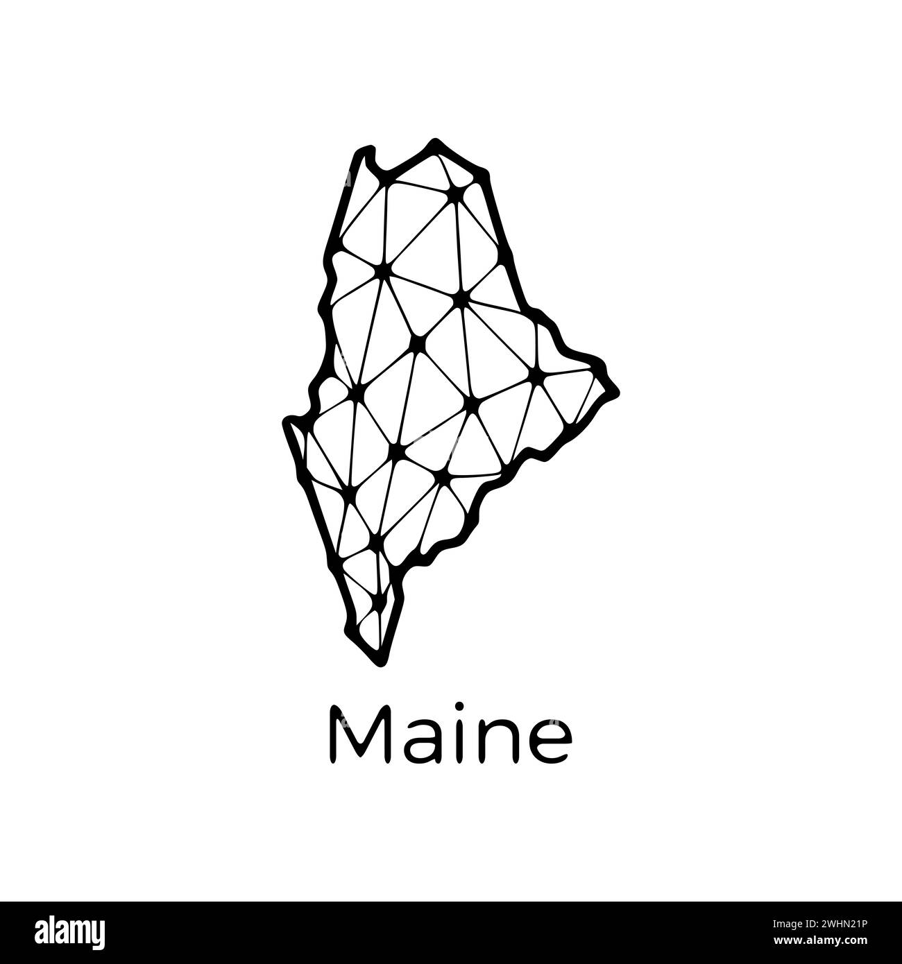 Mappa dello stato del Maine illustrazione poligonale fatta di linee e punti, isolata su sfondo bianco. STATI UNITI: Design a basso poli Foto Stock