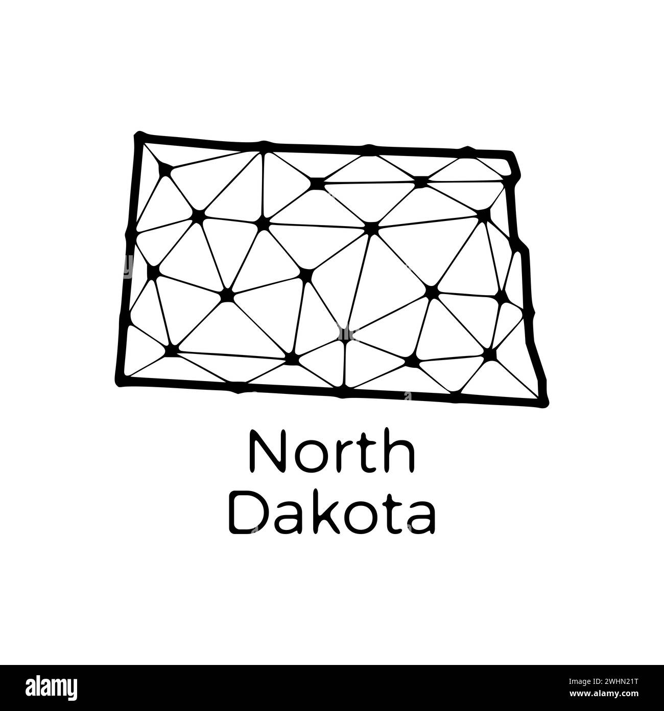 Illustrazione poligonale della mappa di stato del North Dakota fatta di linee e punti, isolata su sfondo bianco. STATI UNITI: Design a basso poli Foto Stock