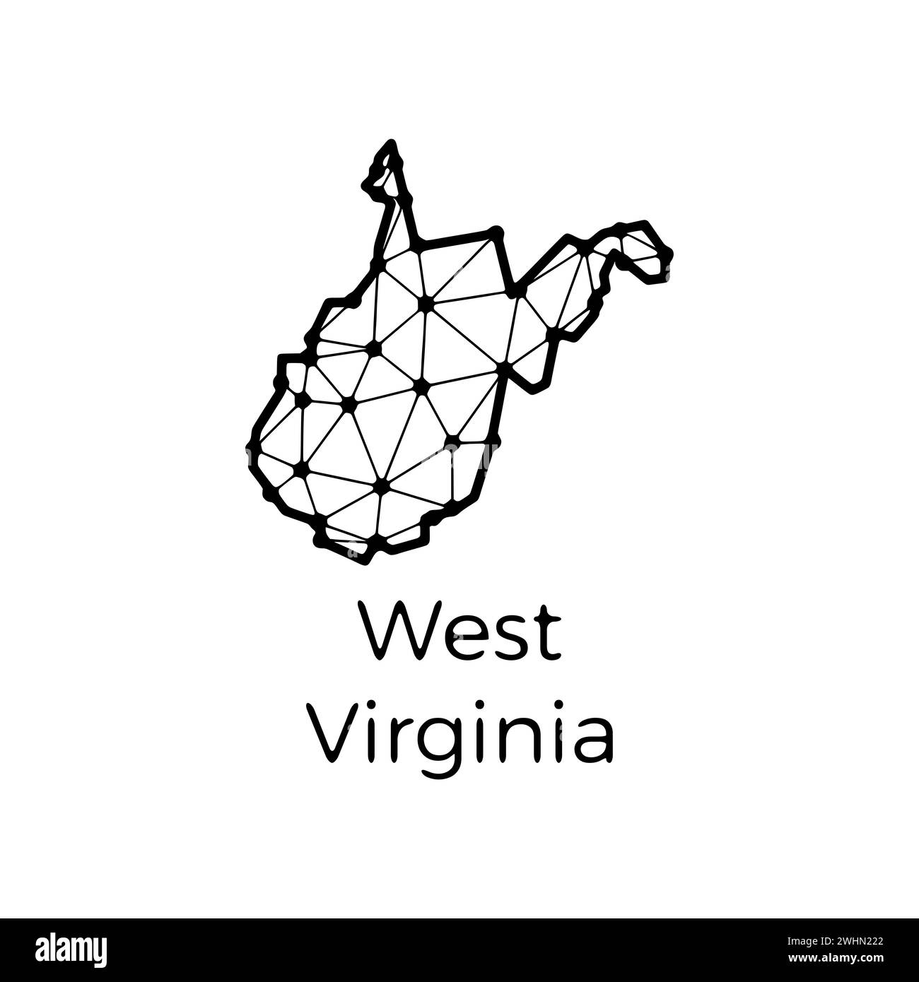 Mappa dello stato della Virginia Occidentale illustrazione poligonale fatta di linee e punti, isolata su sfondo bianco. STATI UNITI: Design a basso poli Foto Stock